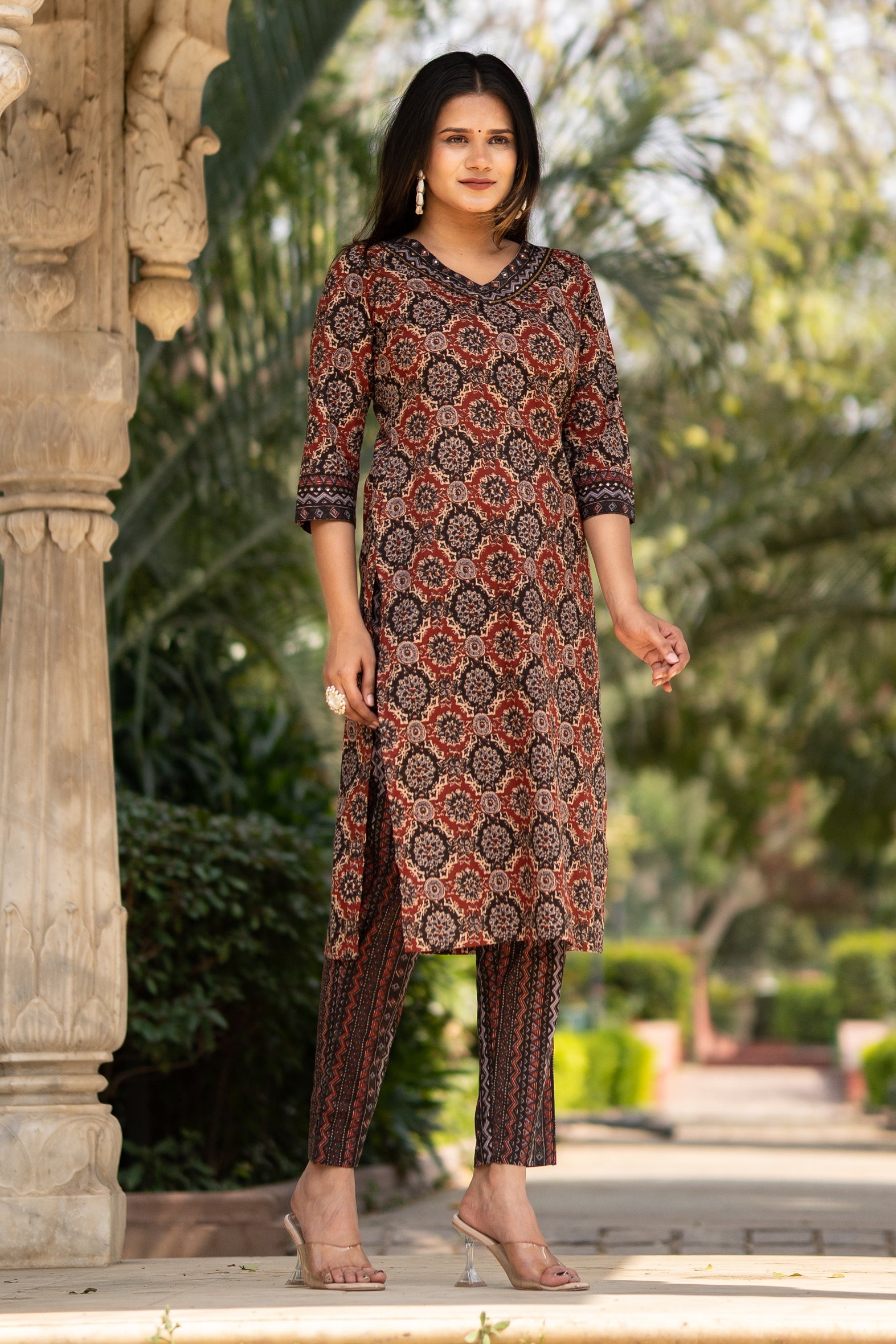 Maroon Printed Cotton Kurta with Pants