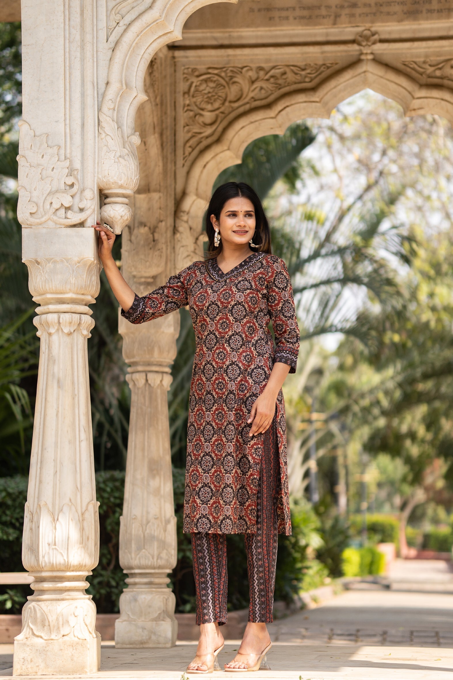 Maroon Printed Cotton Kurta with Pants