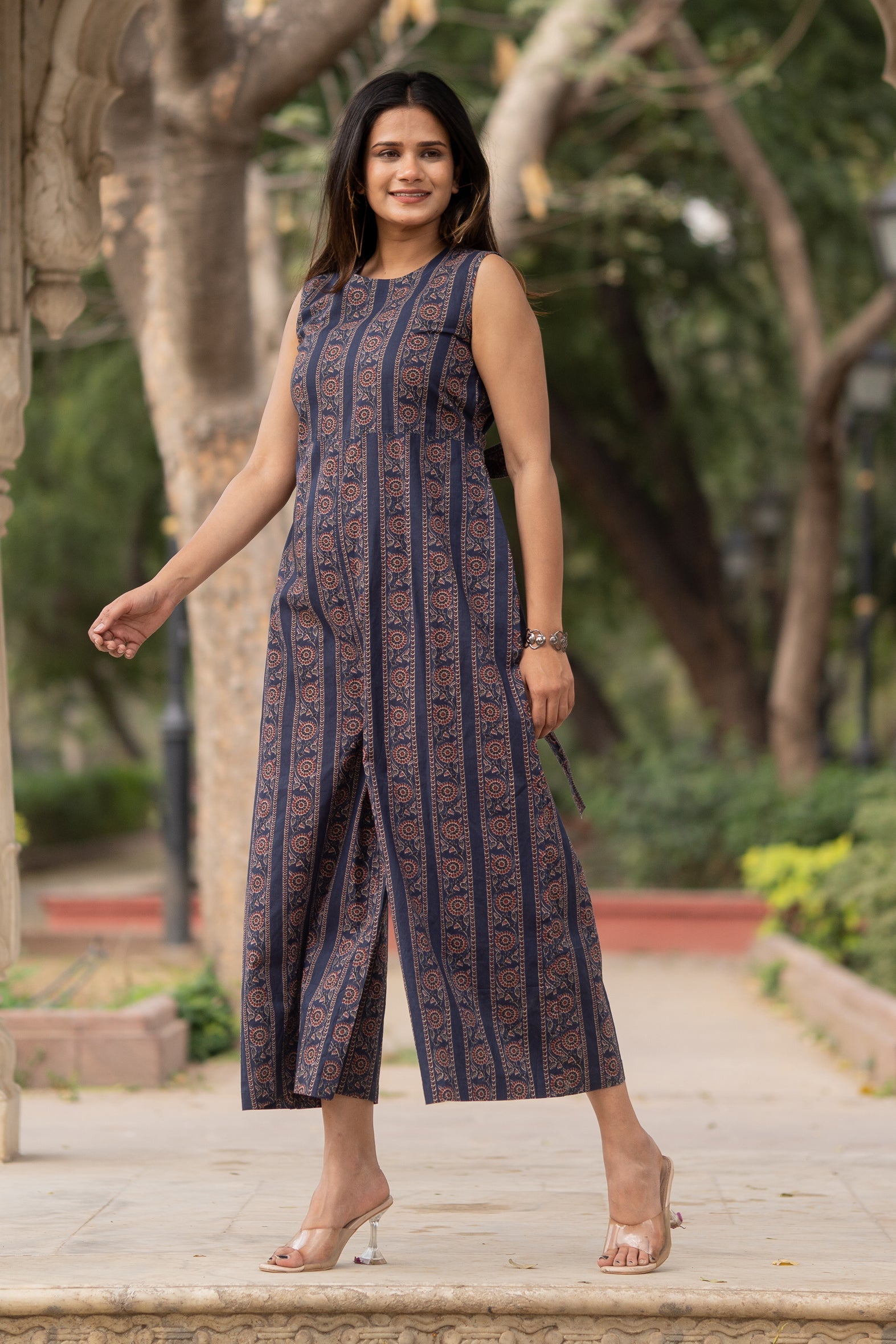 Blue Cotton Printed Jumpsuit For Girls