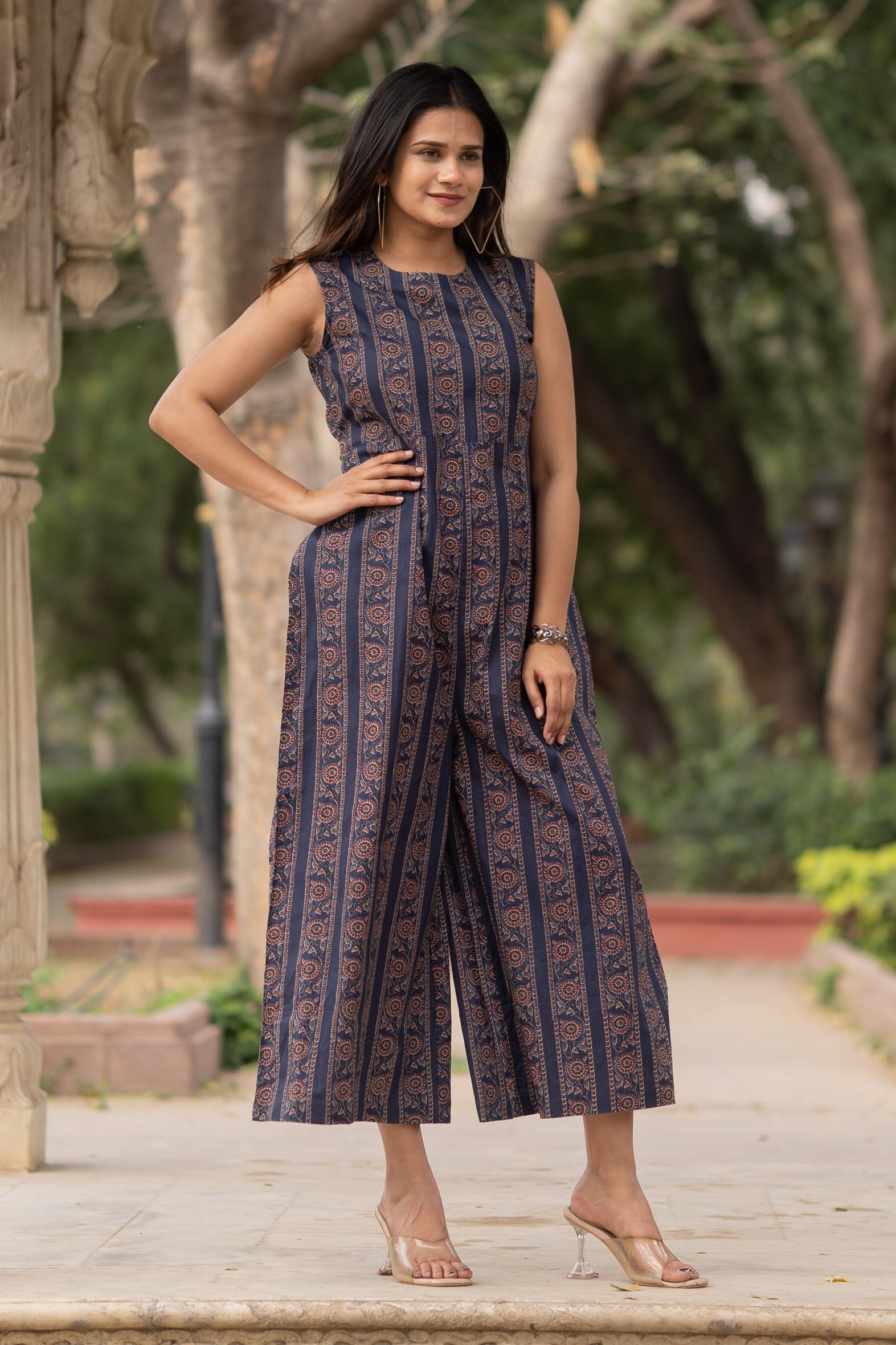 Blue Cotton Printed Jumpsuit For Girls