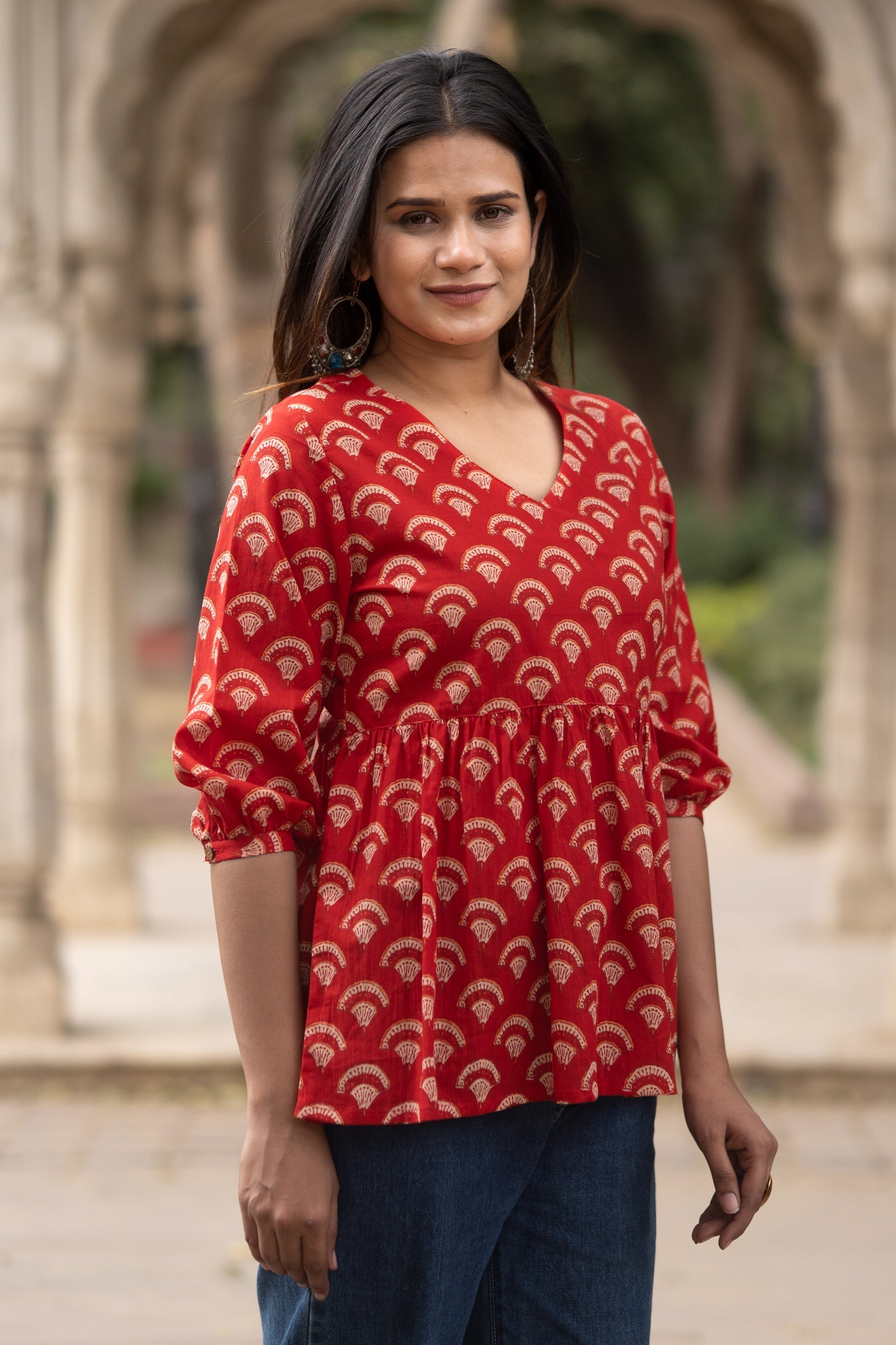 Red Flared Cotton Printed Short Top