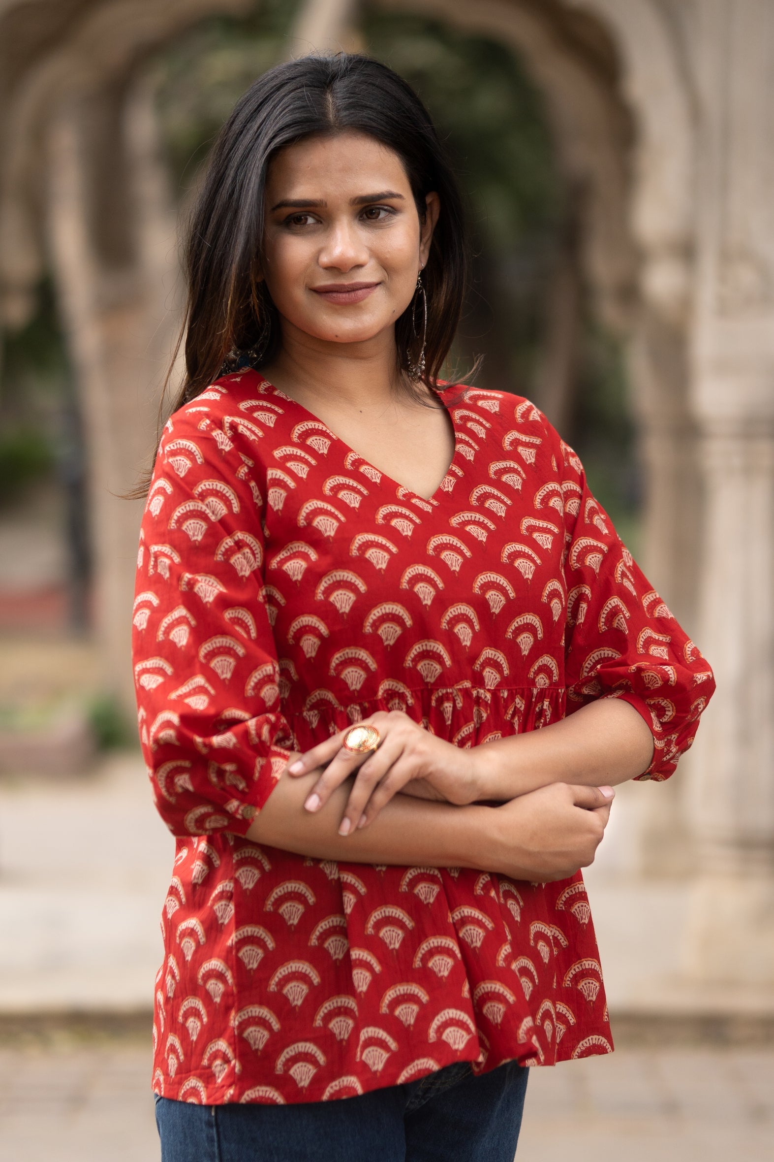 Red Flared Cotton Printed Short Top