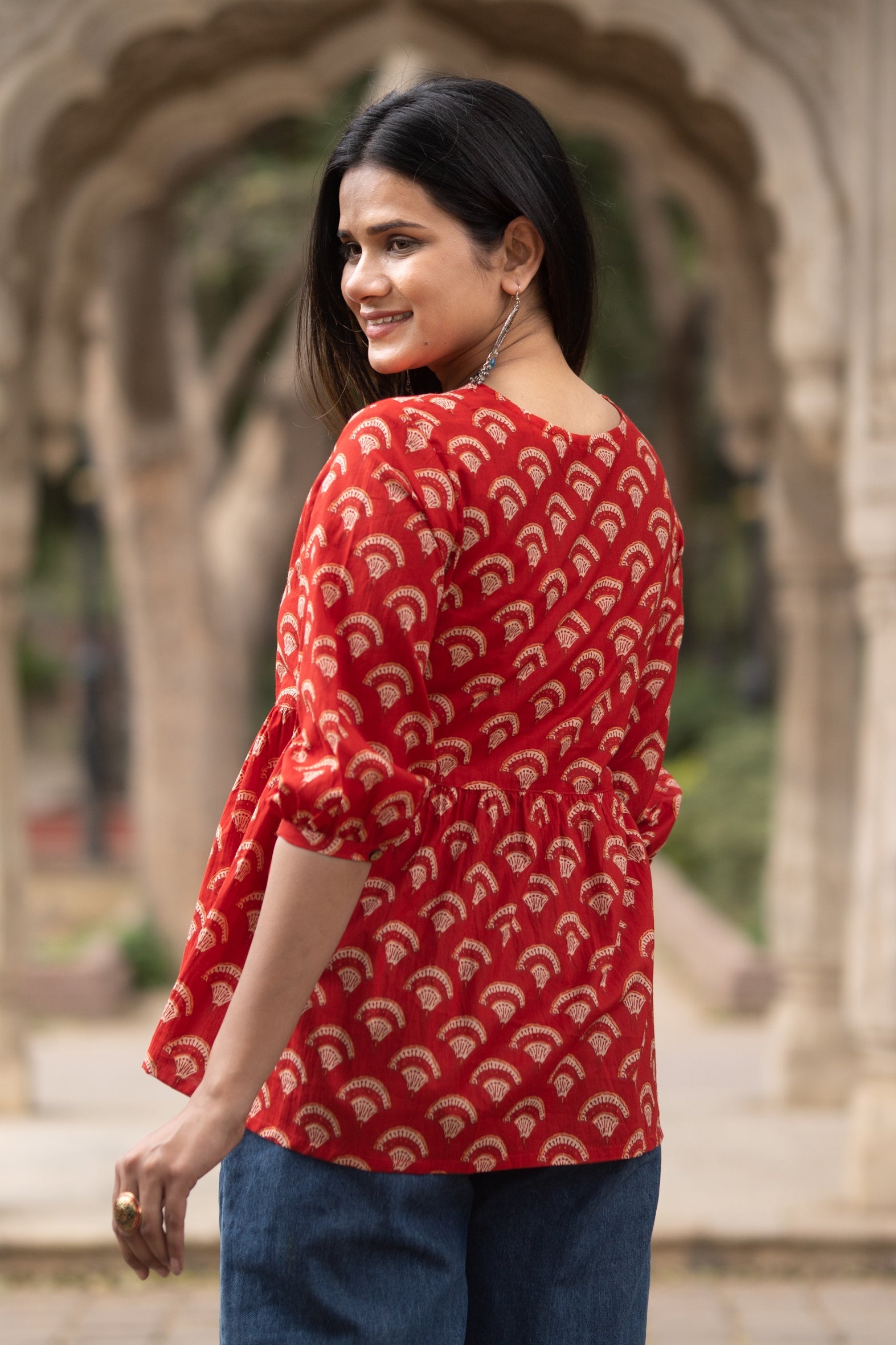 Red Flared Cotton Printed Short Top