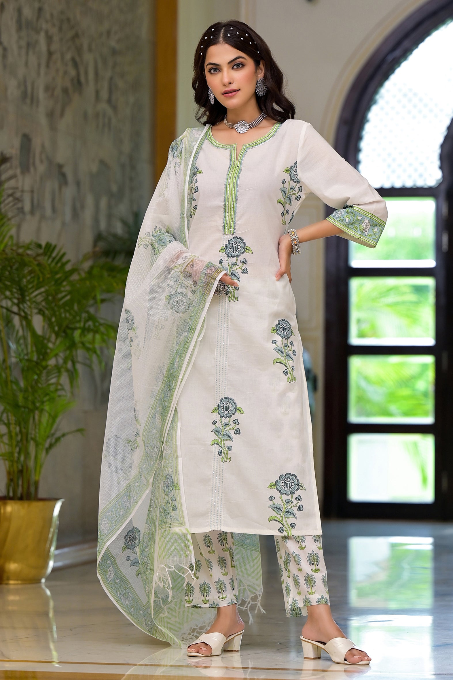 White Cotton Mughal Block Printed Kurta Pant Set With Dupatta