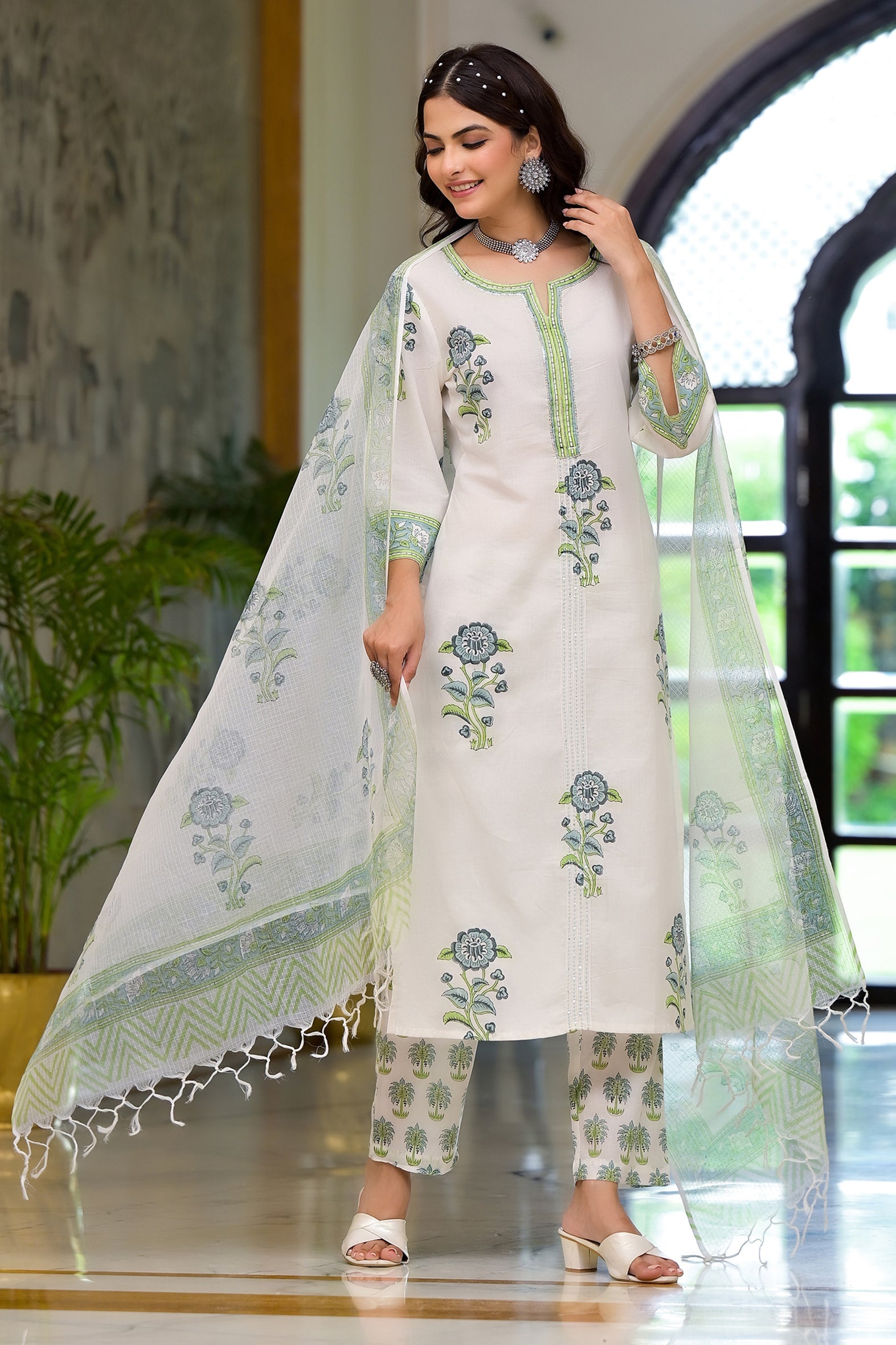 White Cotton Mughal Block Printed Kurta Pant Set With Dupatta