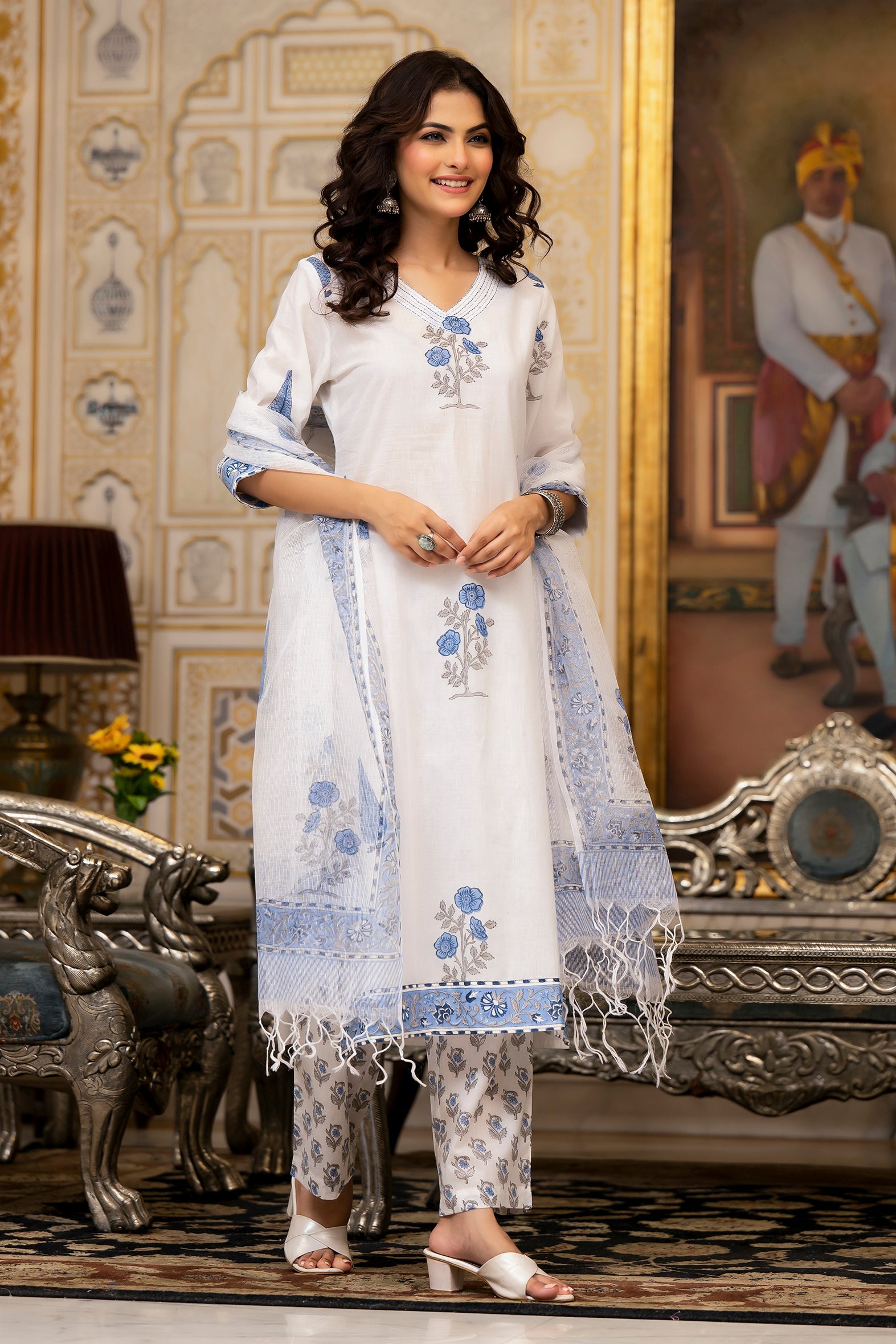 White Cotton Mughal Block Printed Kurta Pant Set With Dupatta