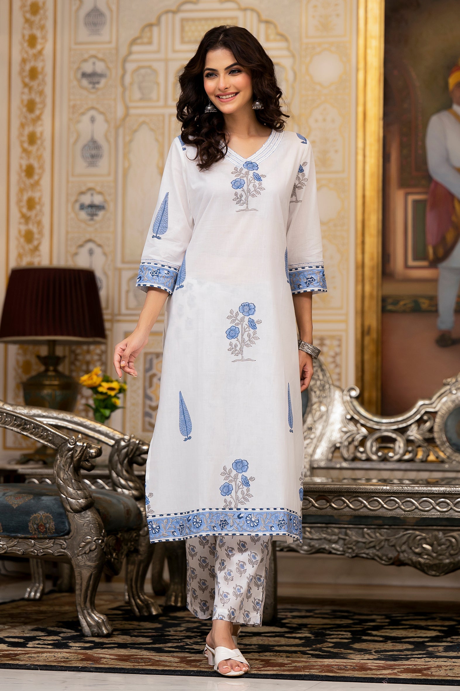 White Cotton Mughal Block Printed Kurta Pant Set With Dupatta