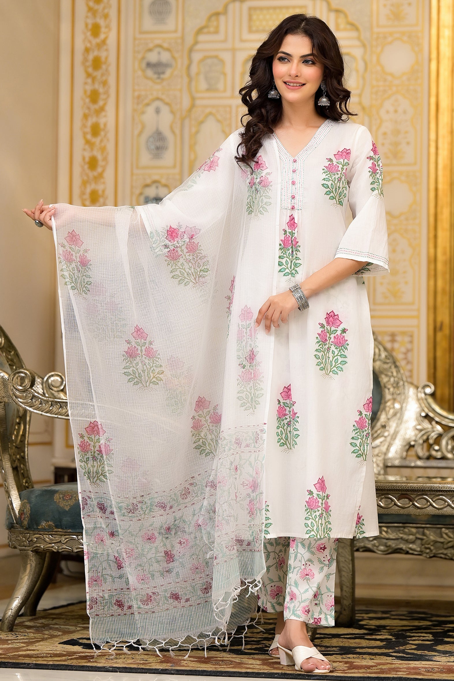 White Cotton Mughal Block Printed Kurta Pant Set With Dupatta