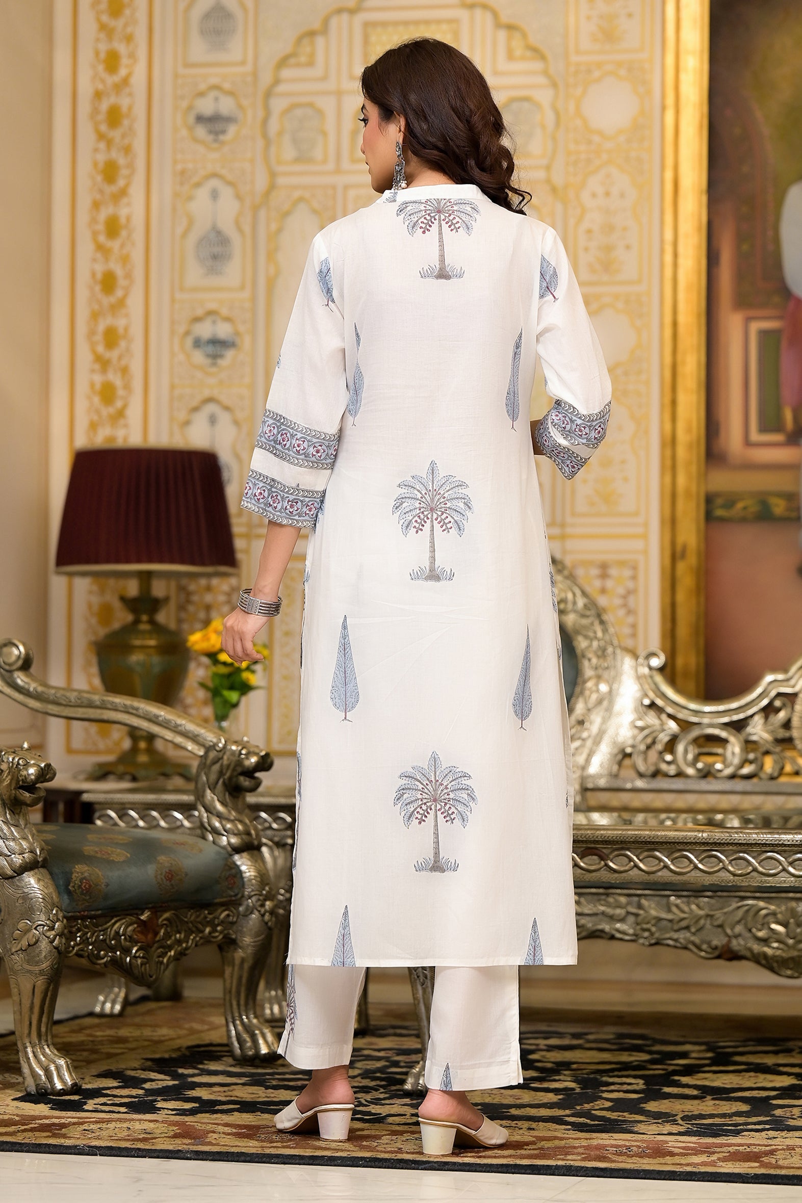 White Cotton Mughal Block Printed Kurta Pant Set With Dupatta