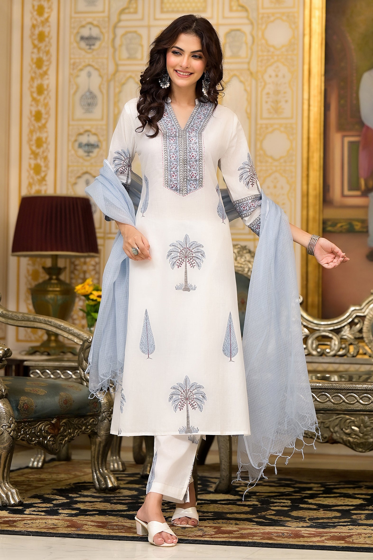 White Cotton Mughal Block Printed Kurta Pant Set With Dupatta