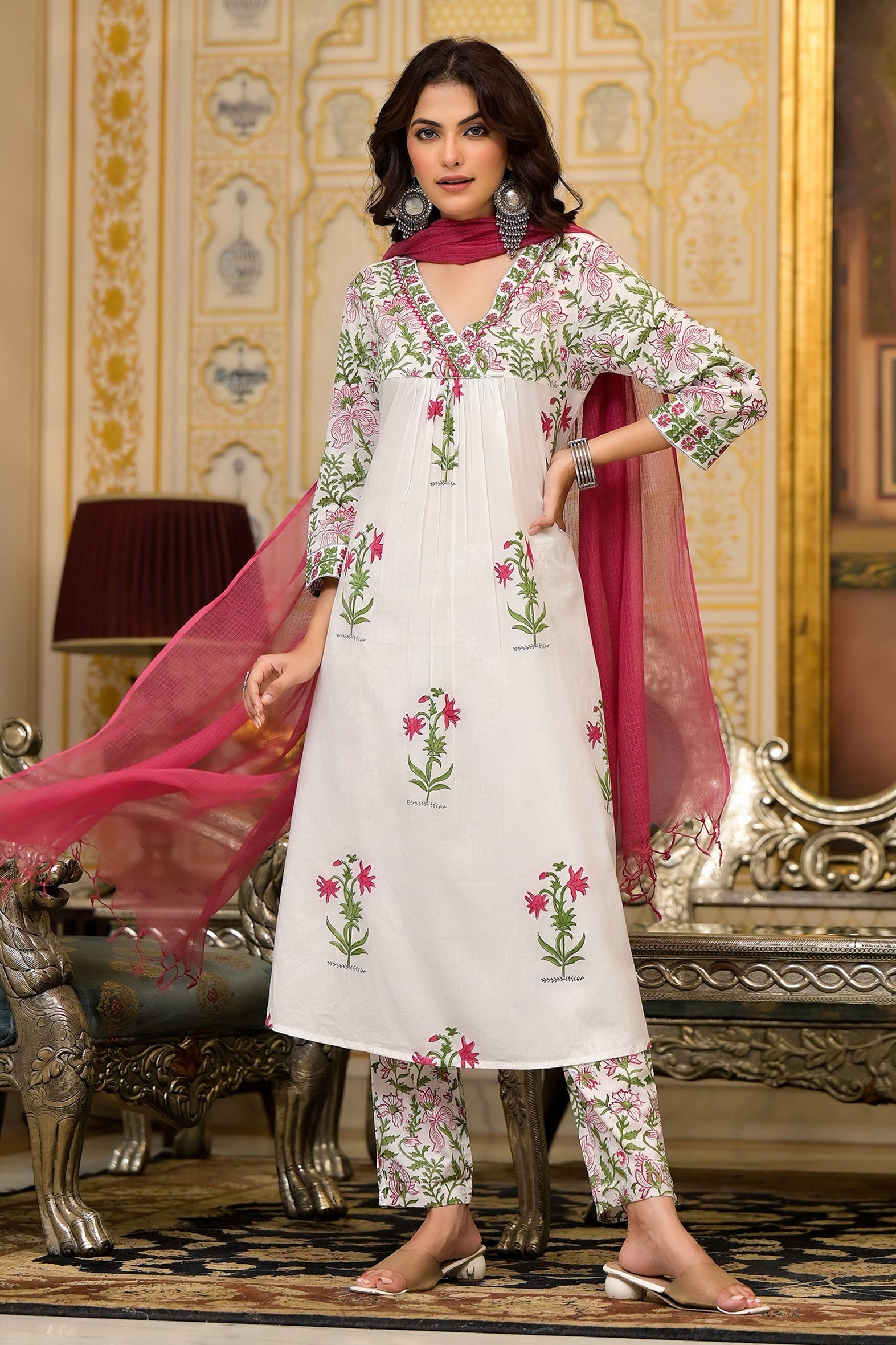 White Cotton Mughal Block Printed Kurta Pant Set With Dupatta