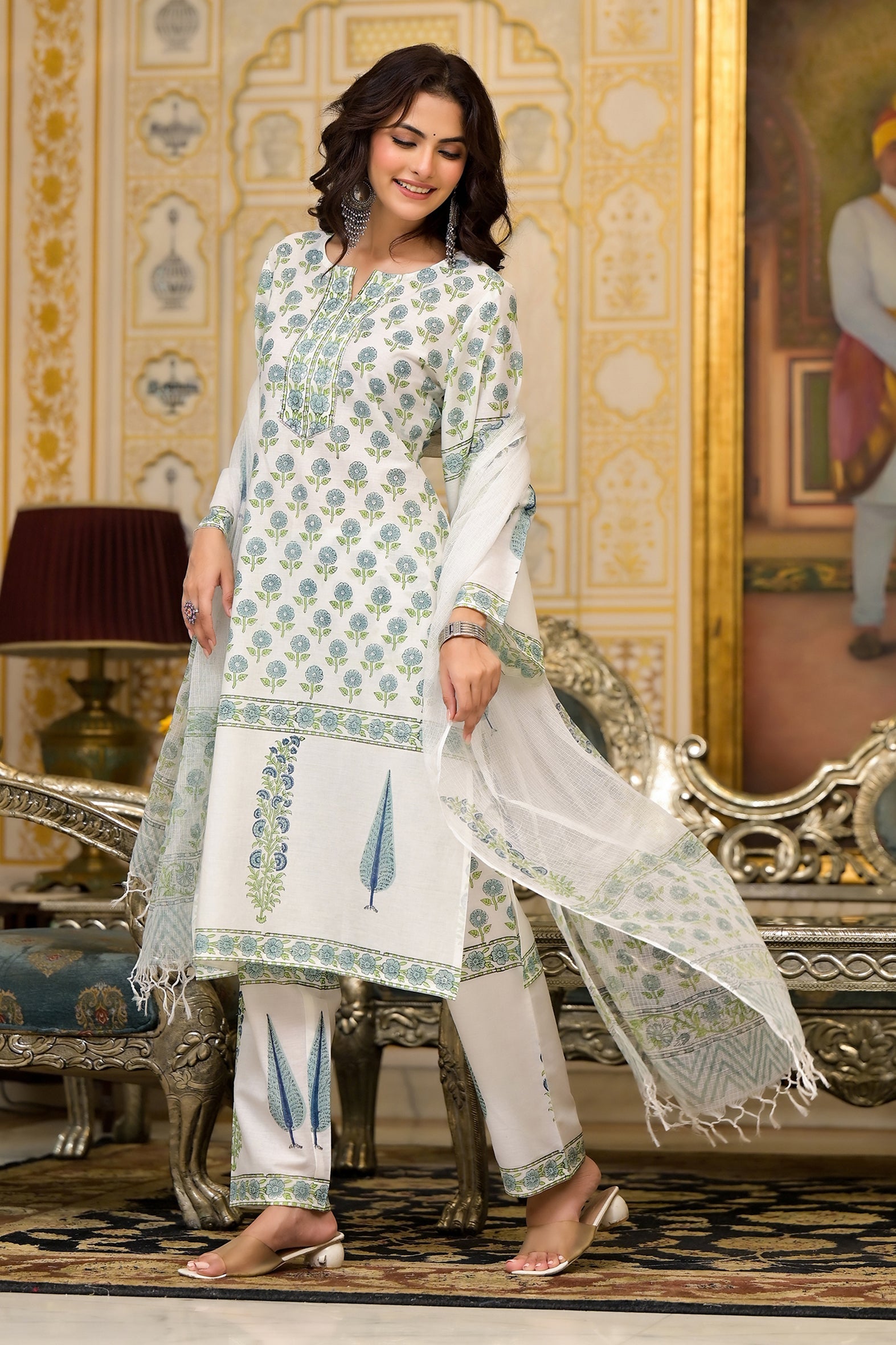 White Cotton Mughal Block Printed Kurta Pant Set With Dupatta