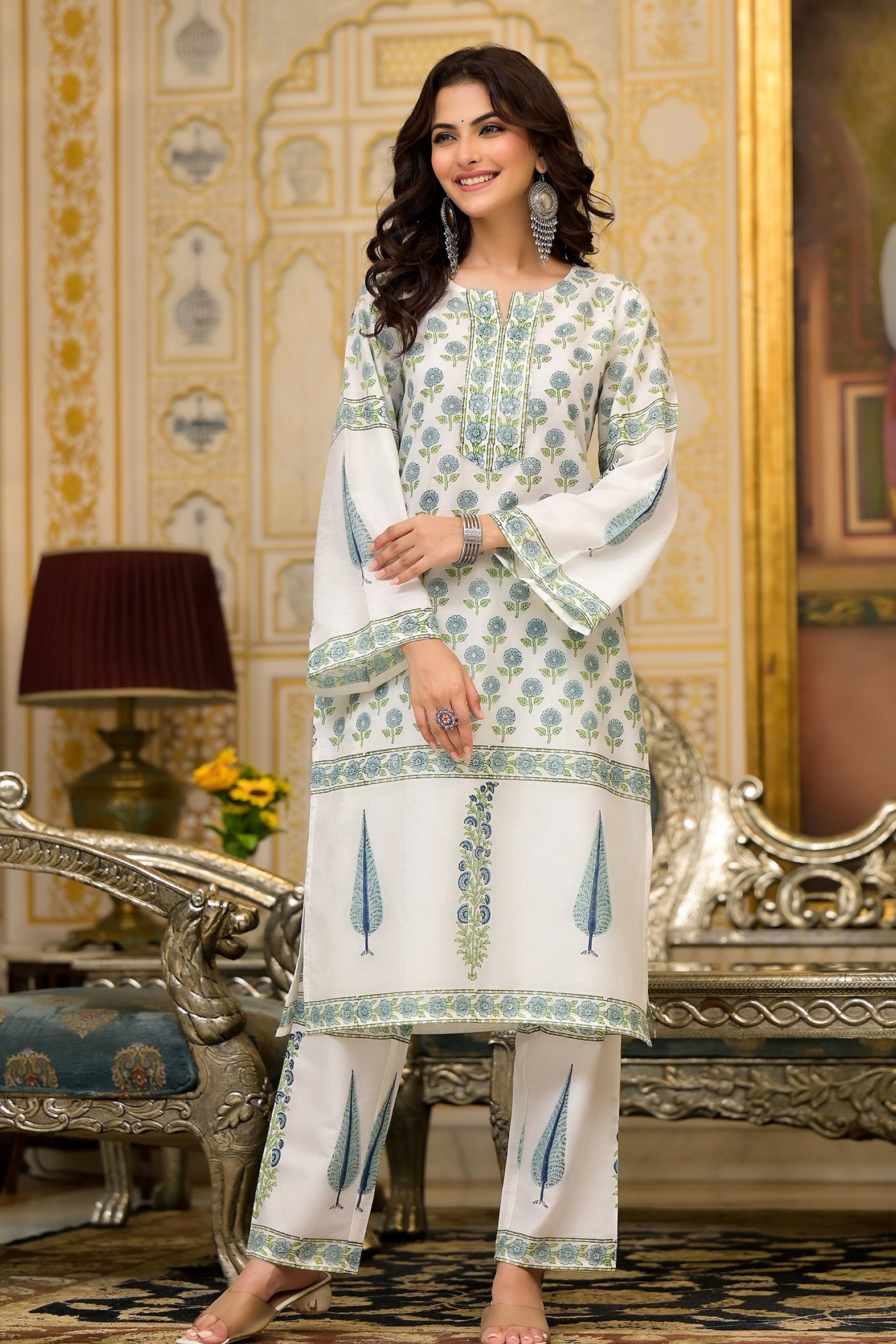 White Cotton Mughal Block Printed Kurta Pant Set With Dupatta