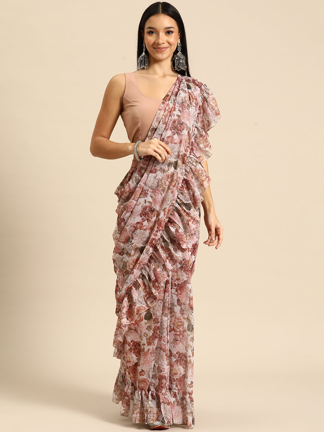 Floral Poly Chiffon Ready to Wear Ruffled Saree