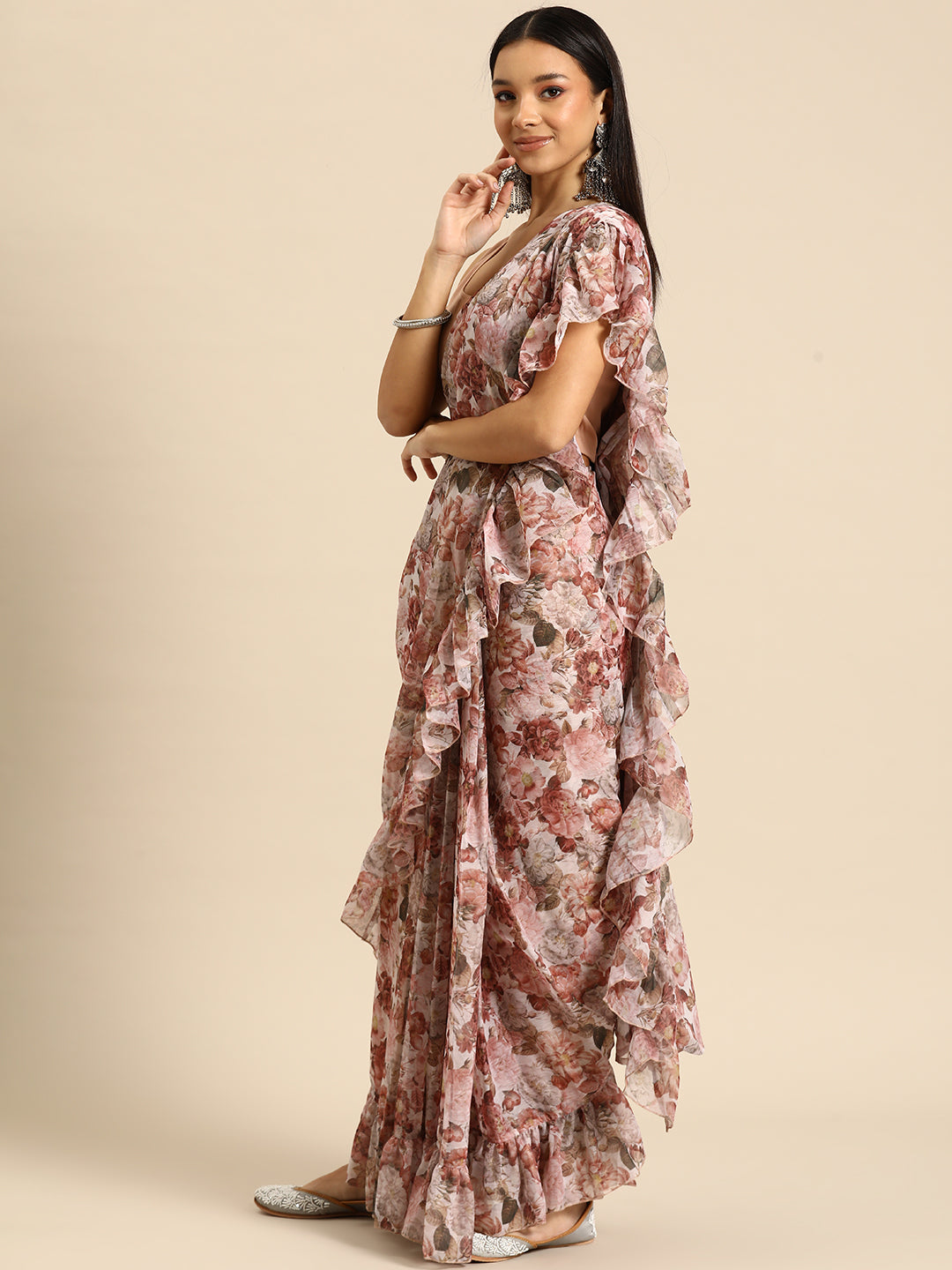 Floral Poly Chiffon Ready to Wear Ruffled Saree