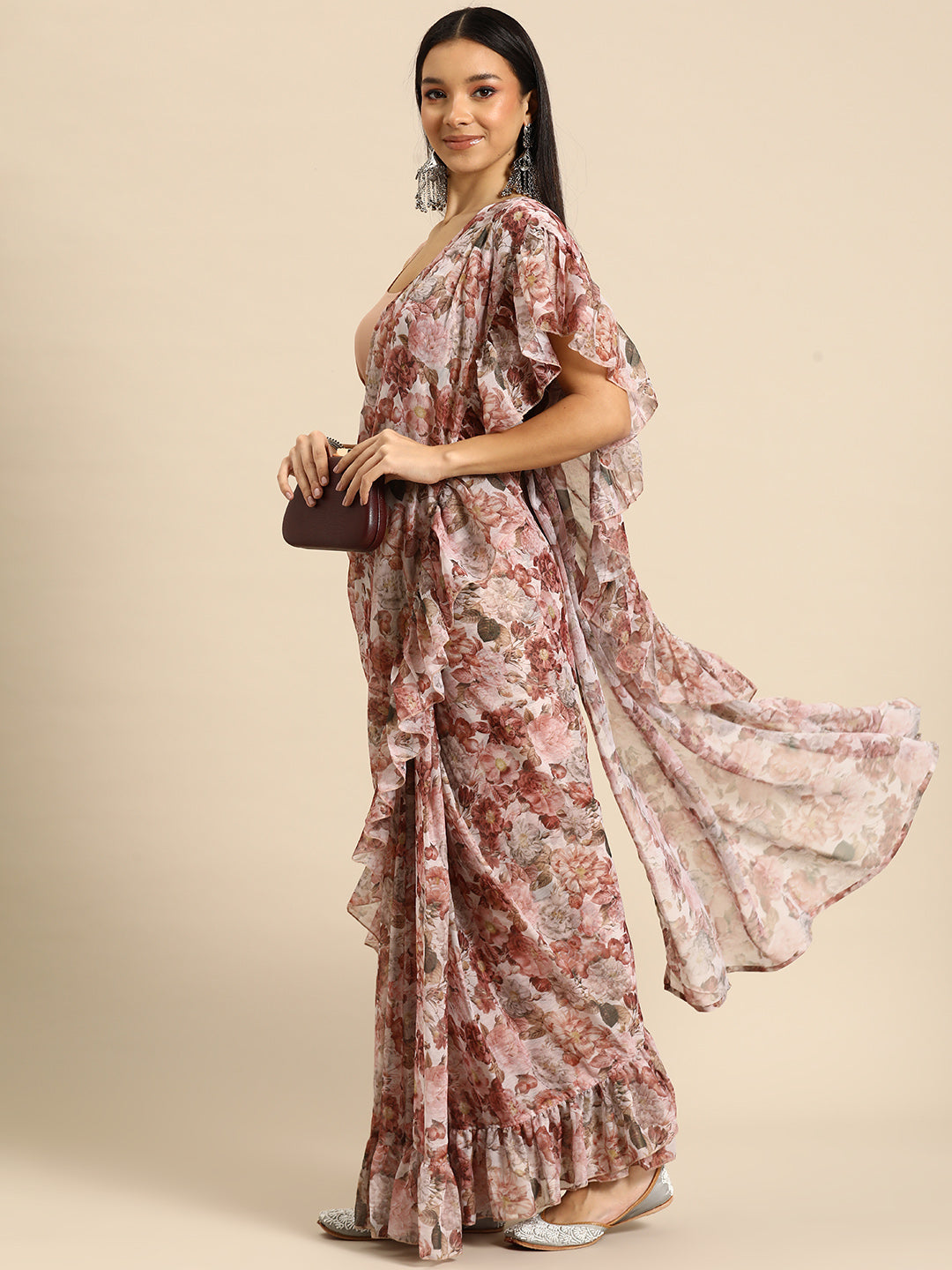 Floral Poly Chiffon Ready to Wear Ruffled Saree