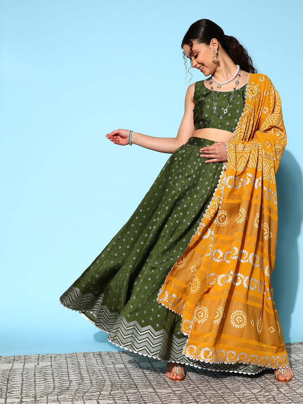 Olive Green & Silver-Toned Printed Ready to Wear Lehenga & Blouse With Dupatta-AH