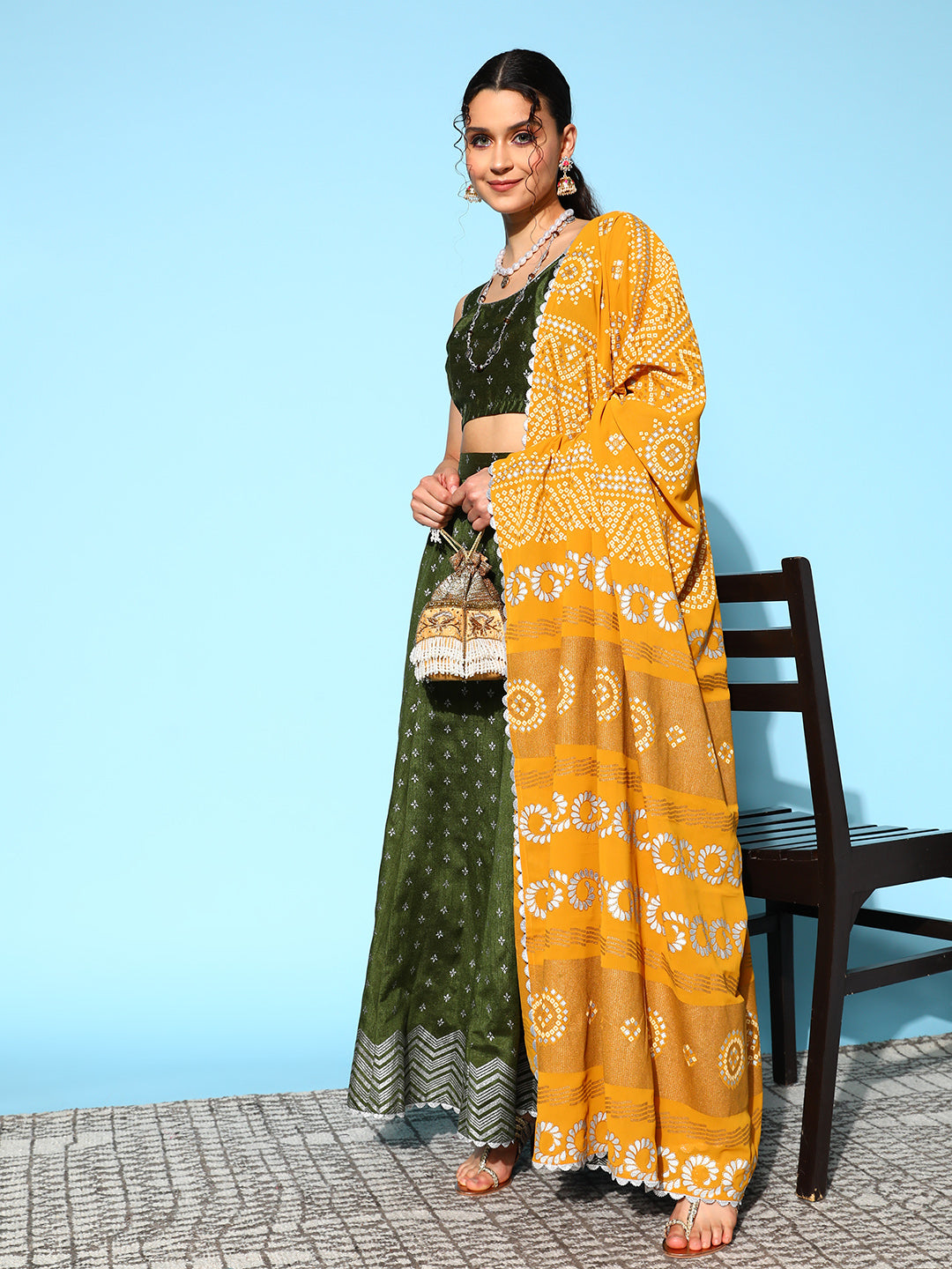 Olive Green & Silver-Toned Printed Ready to Wear Lehenga & Blouse With Dupatta-AH