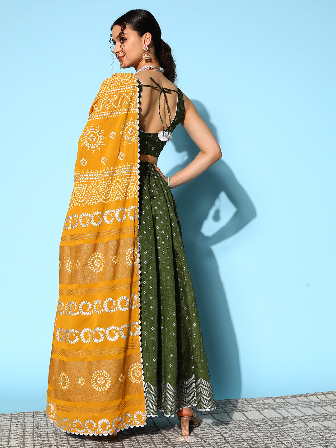 Olive Green & Silver-Toned Printed Ready to Wear Lehenga & Blouse With Dupatta