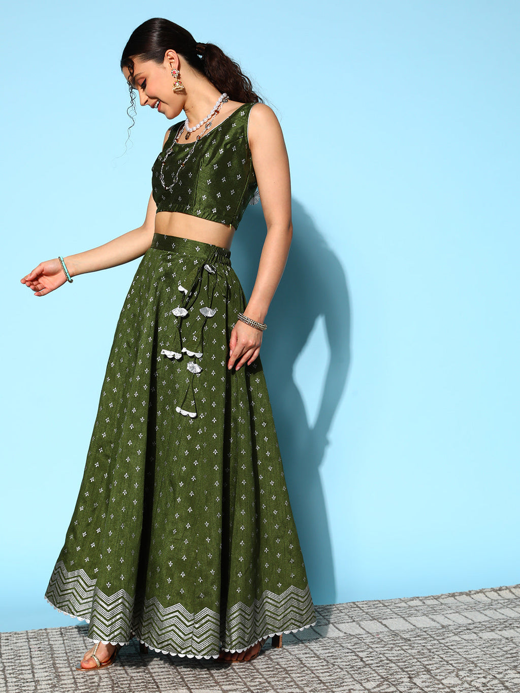 Olive Green & Silver-Toned Printed Ready to Wear Lehenga & Blouse With Dupatta-AH