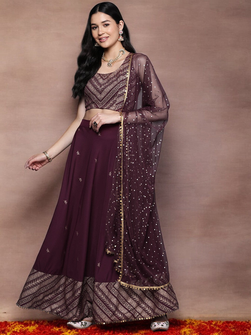 Purple & Gold-Toned Printed Sequined Ready to Wear Lehenga & Blouse With Dupatta-AH