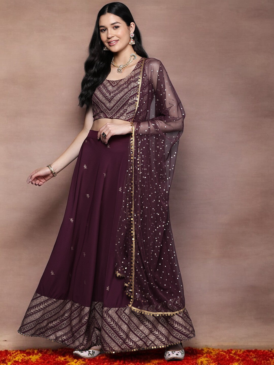 Purple & Gold-Toned Printed Sequined Ready to Wear Lehenga & Blouse With Dupatta-AH
