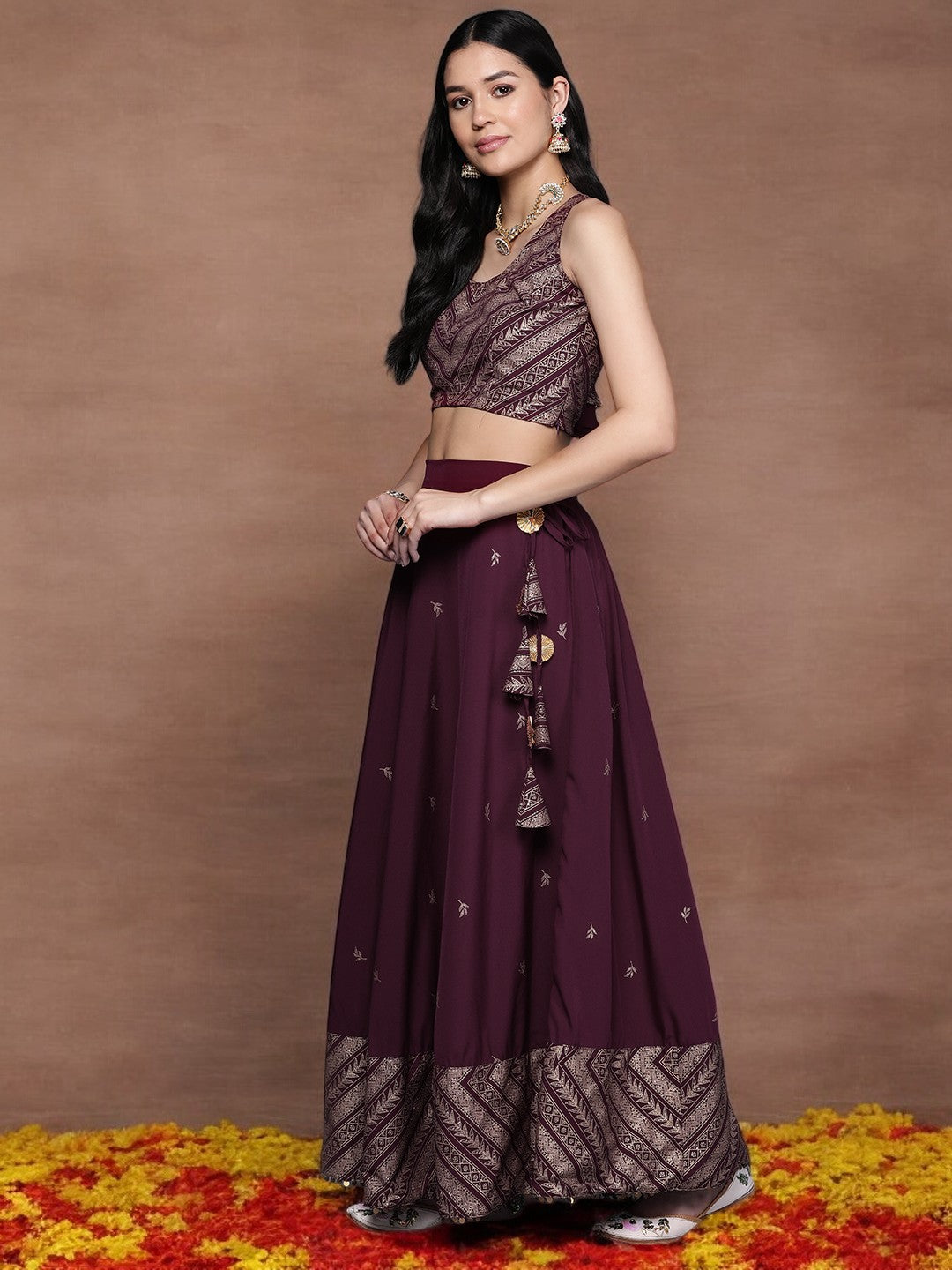 Purple & Gold-Toned Printed Sequined Ready to Wear Lehenga & Blouse With Dupatta