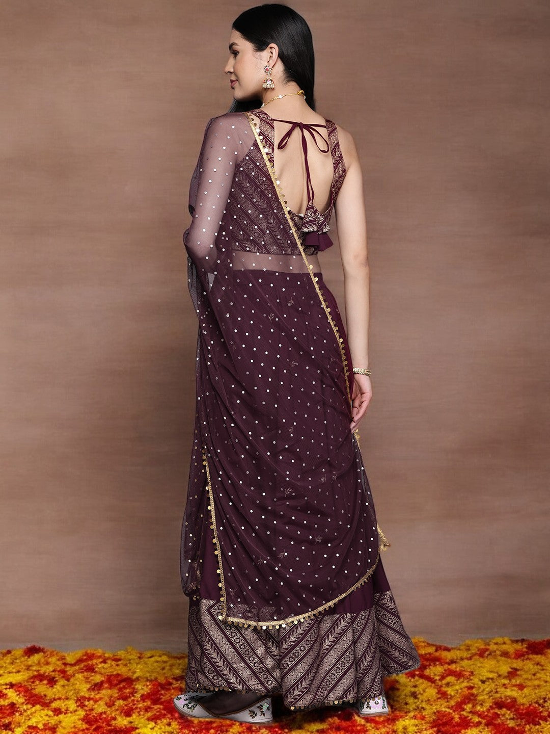 Purple & Gold-Toned Printed Sequined Ready to Wear Lehenga & Blouse With Dupatta