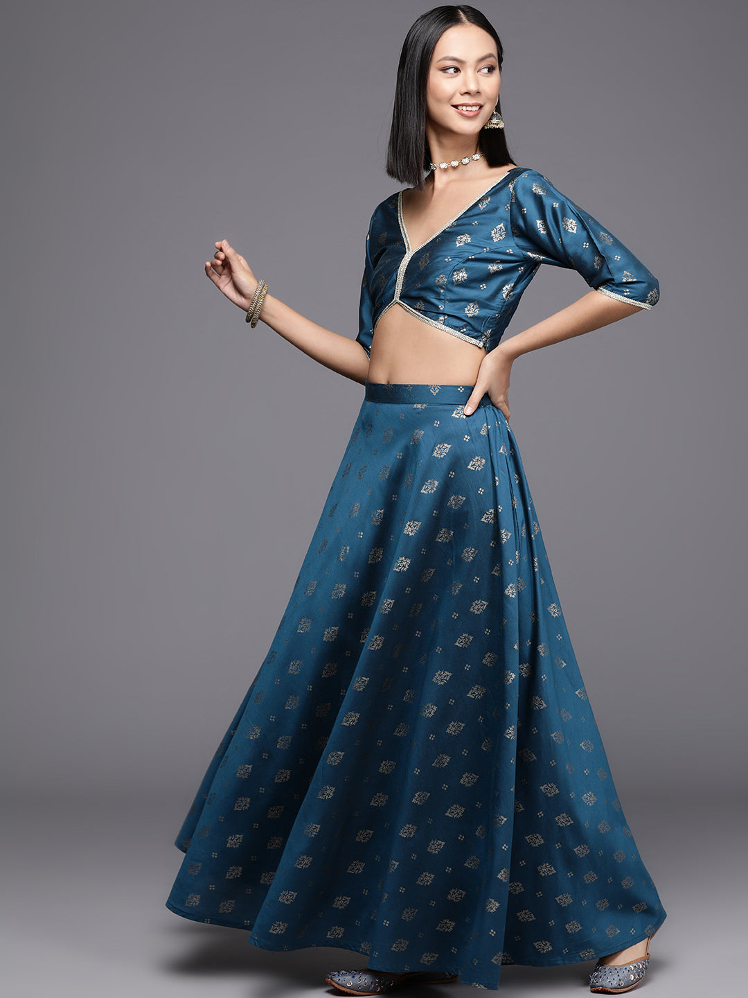 Teal Foil Print Ready to Wear Lehenga & Blouse With Dupatta