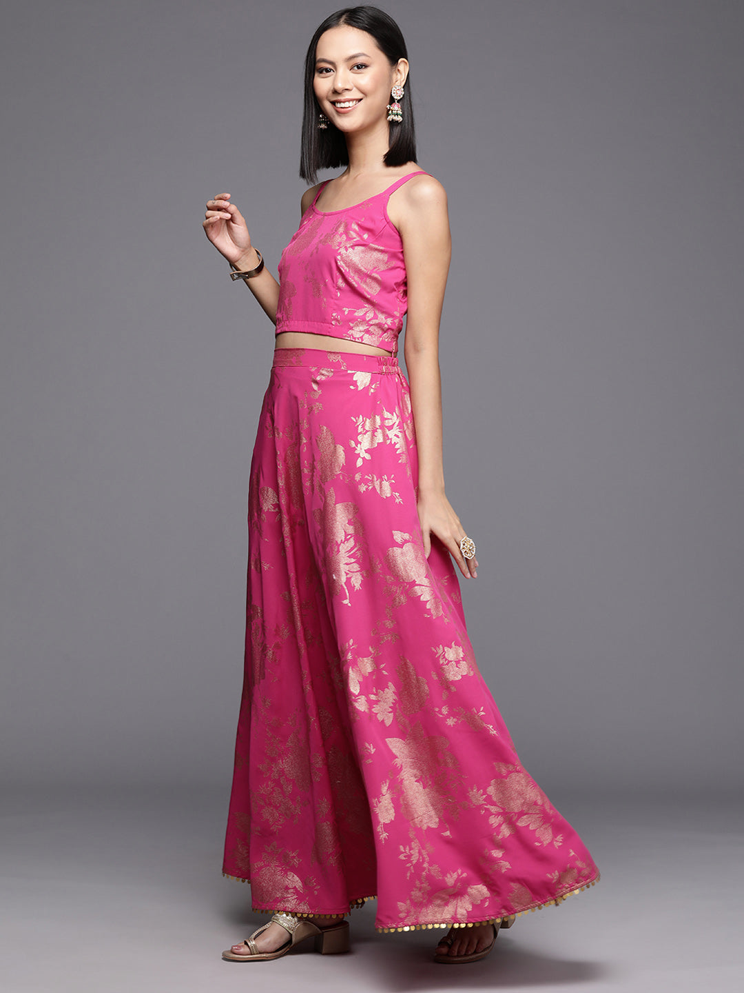 Pink Floral Printed Co-Ords Set with Sequins and Lace Detail-AH