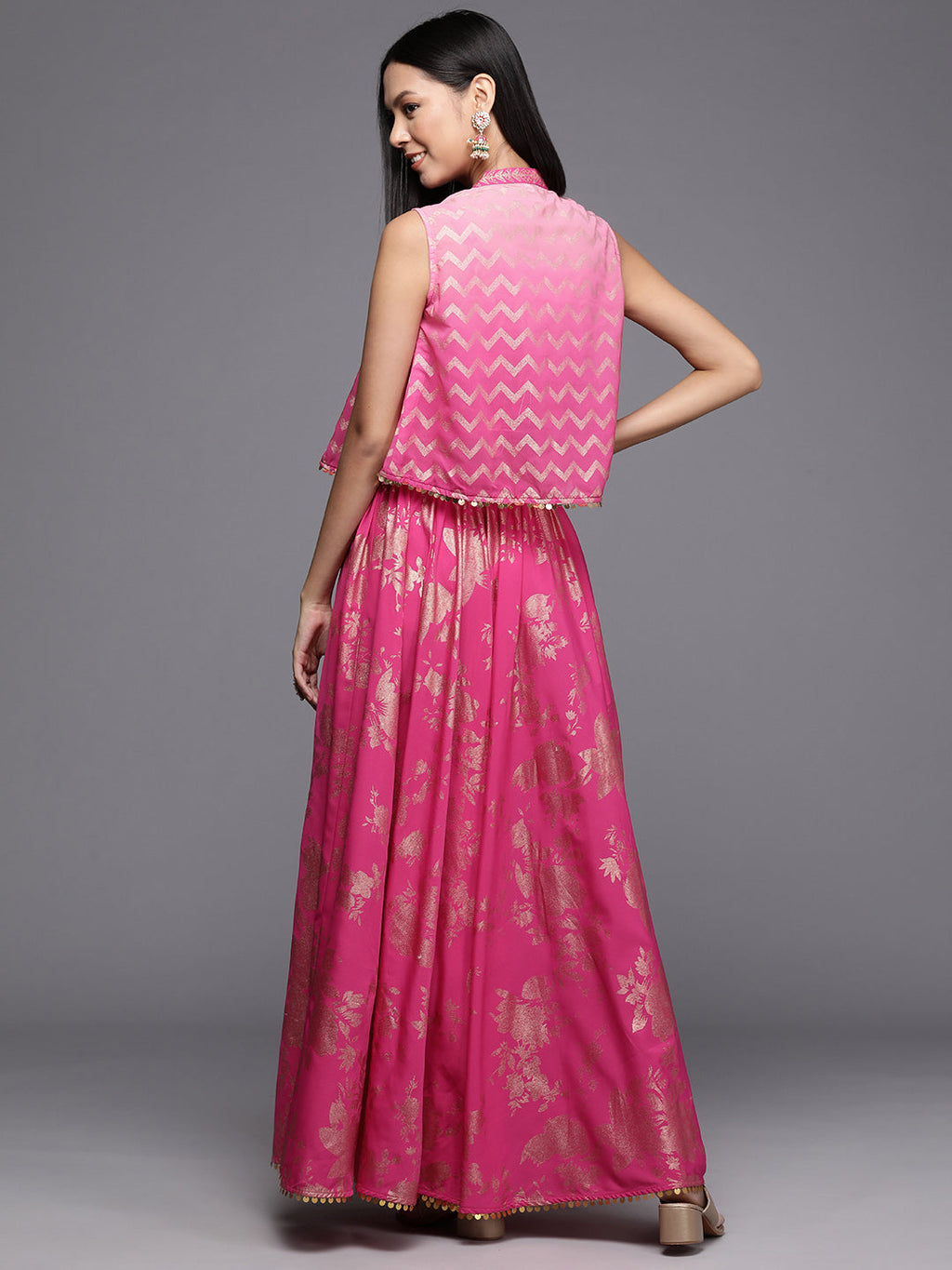 Pink Floral Printed Co-Ords Set with Sequins and Lace Detail-AH