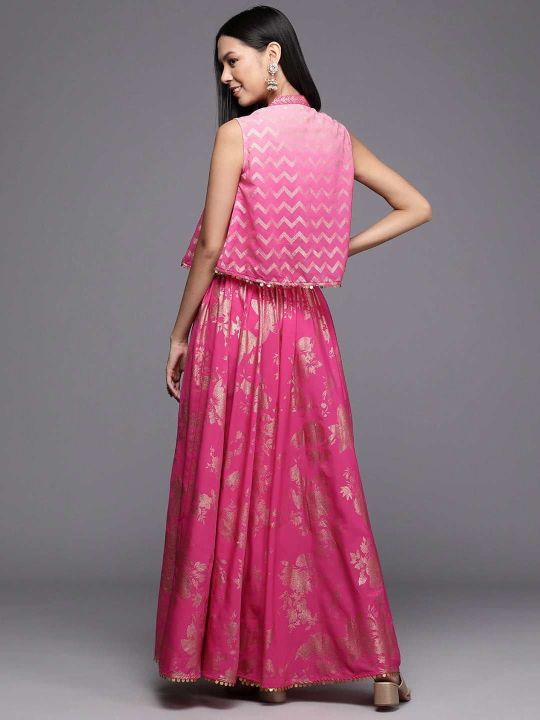 Pink Floral Printed Co-Ords Set with Sequins and Lace Detail-AH