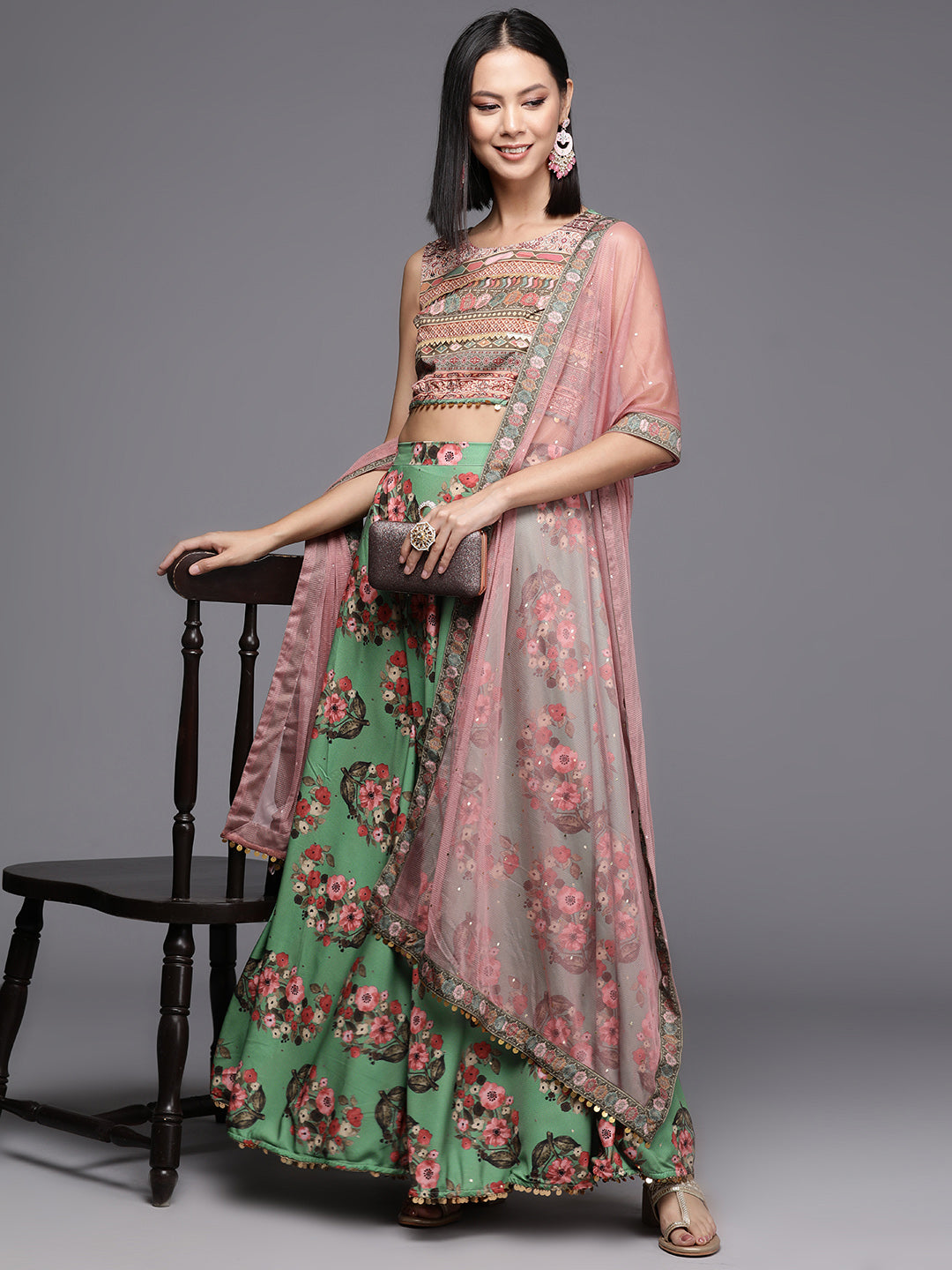 Green Floral Printed Ready to Wear Lehenga & Blouse With Dupatta