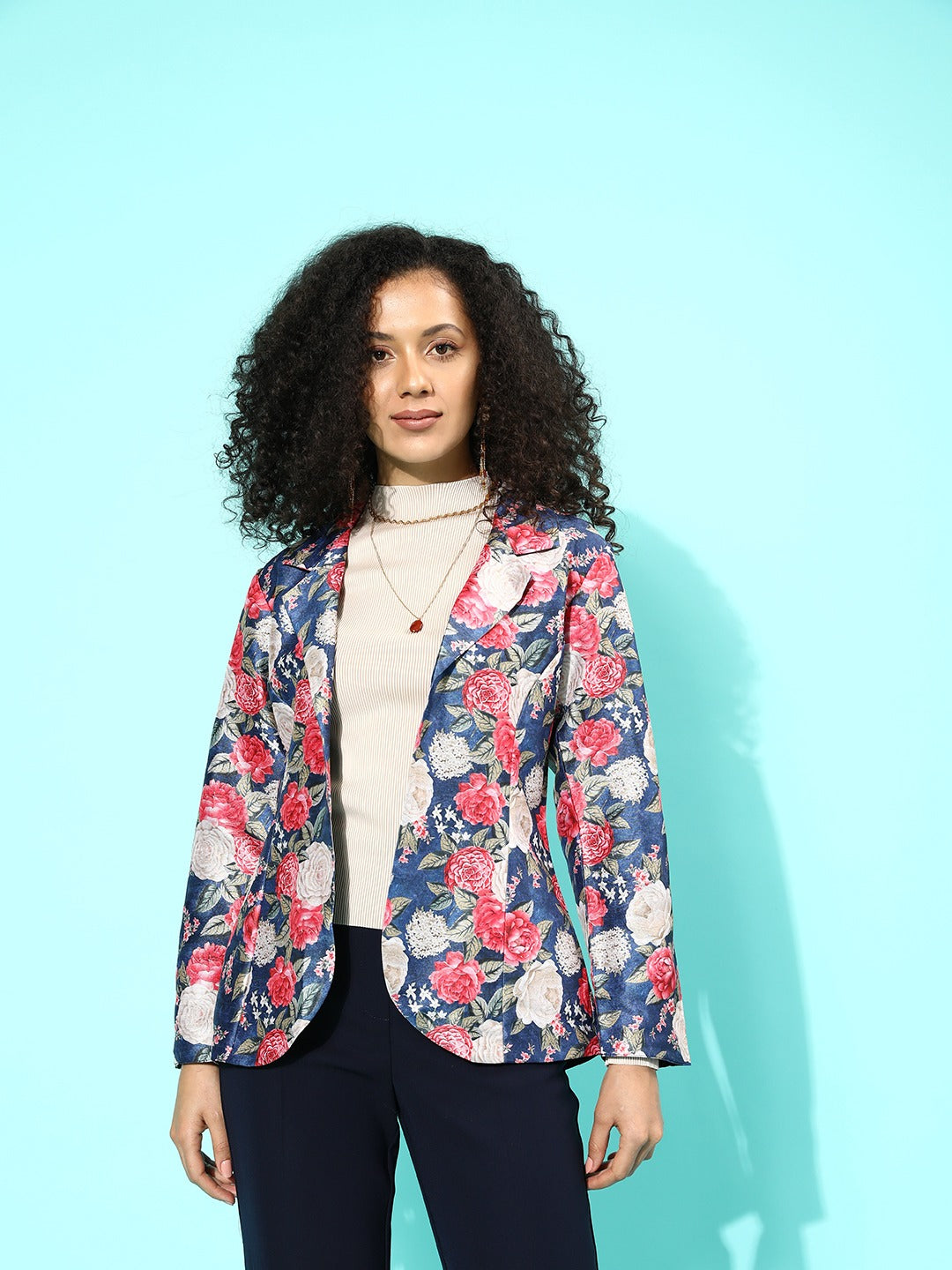 Blue & Pink Floral Print Open Front Blazer