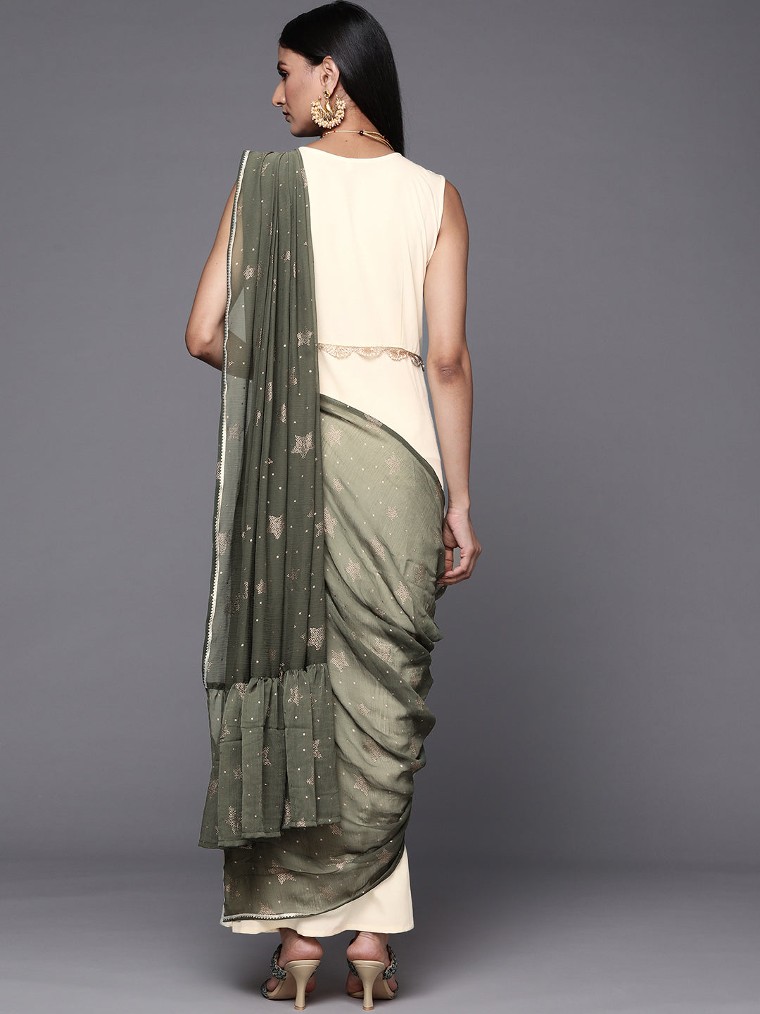 Off White & Olive Green Ethnic Maxi Dress with Attached Dupatta