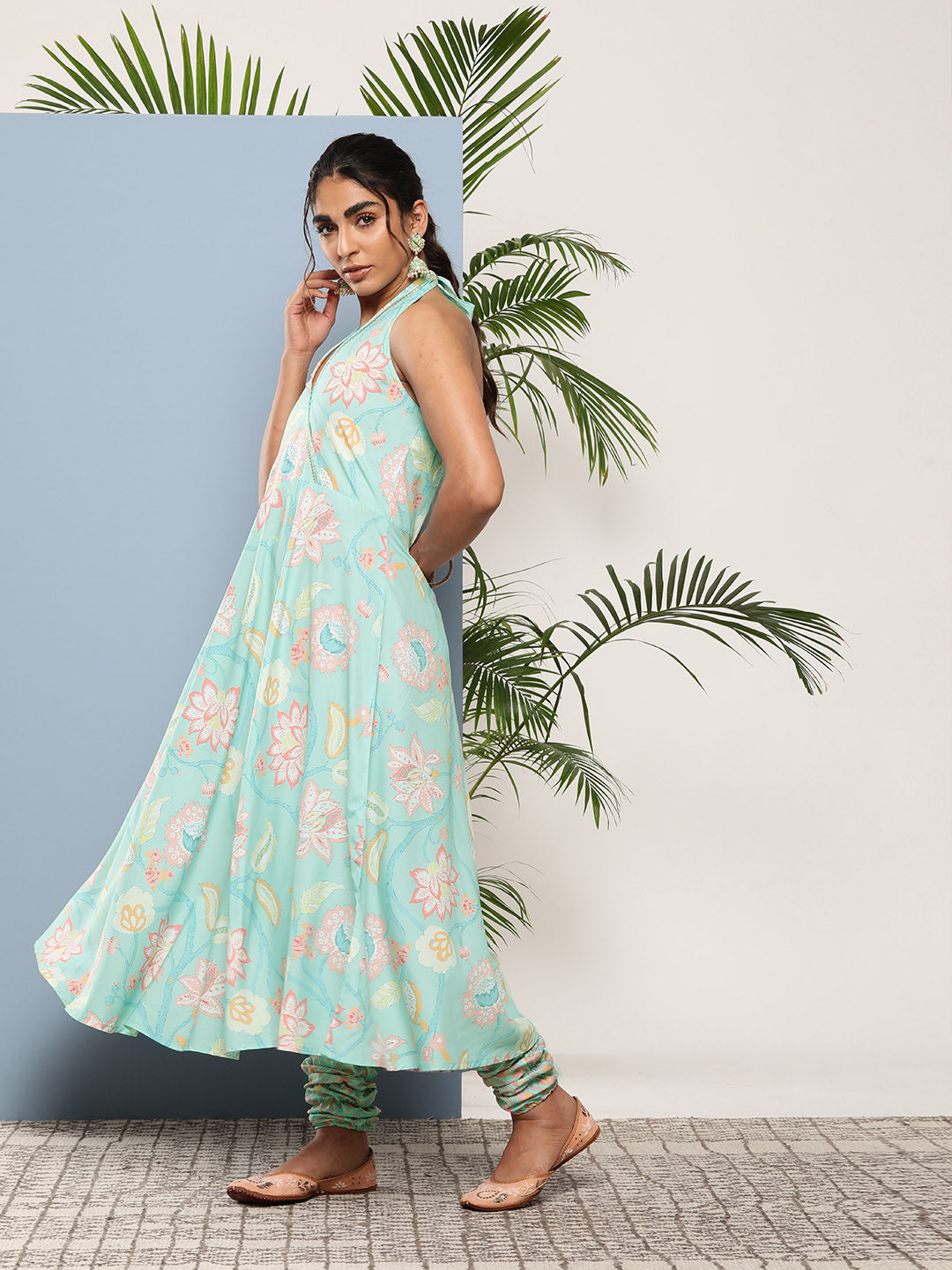 Blue Floral Printed Gotta Patti Kurta with Churidar