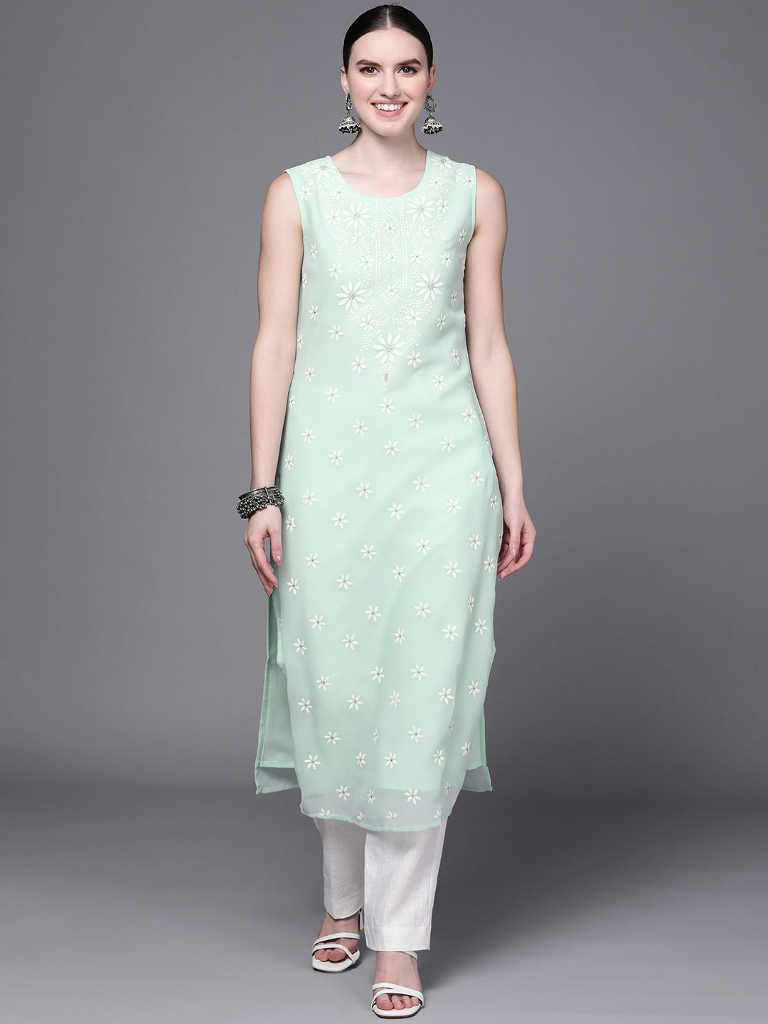 Sea Green Floral Printed Georgette Kurta