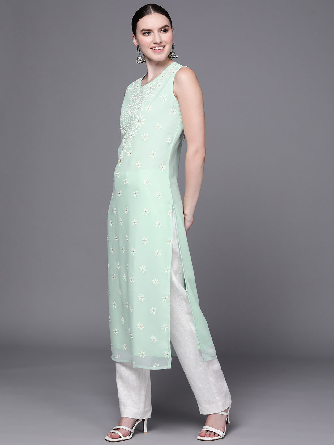 Sea Green Floral Printed Georgette Kurta