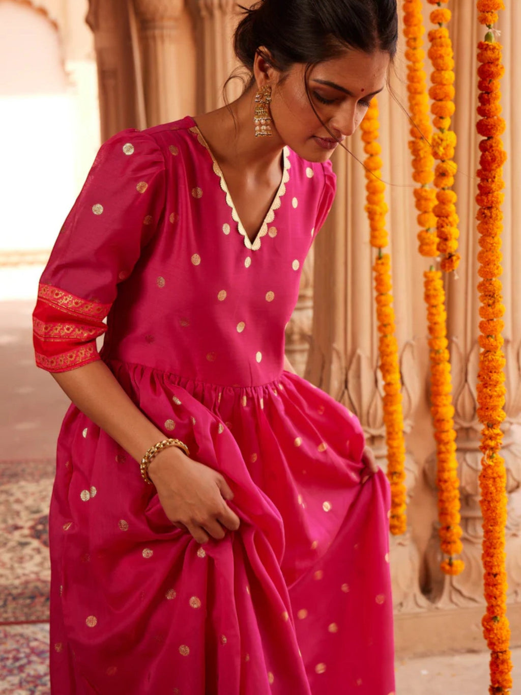 Pink Chanderi Gold Foil Print Dress-AH