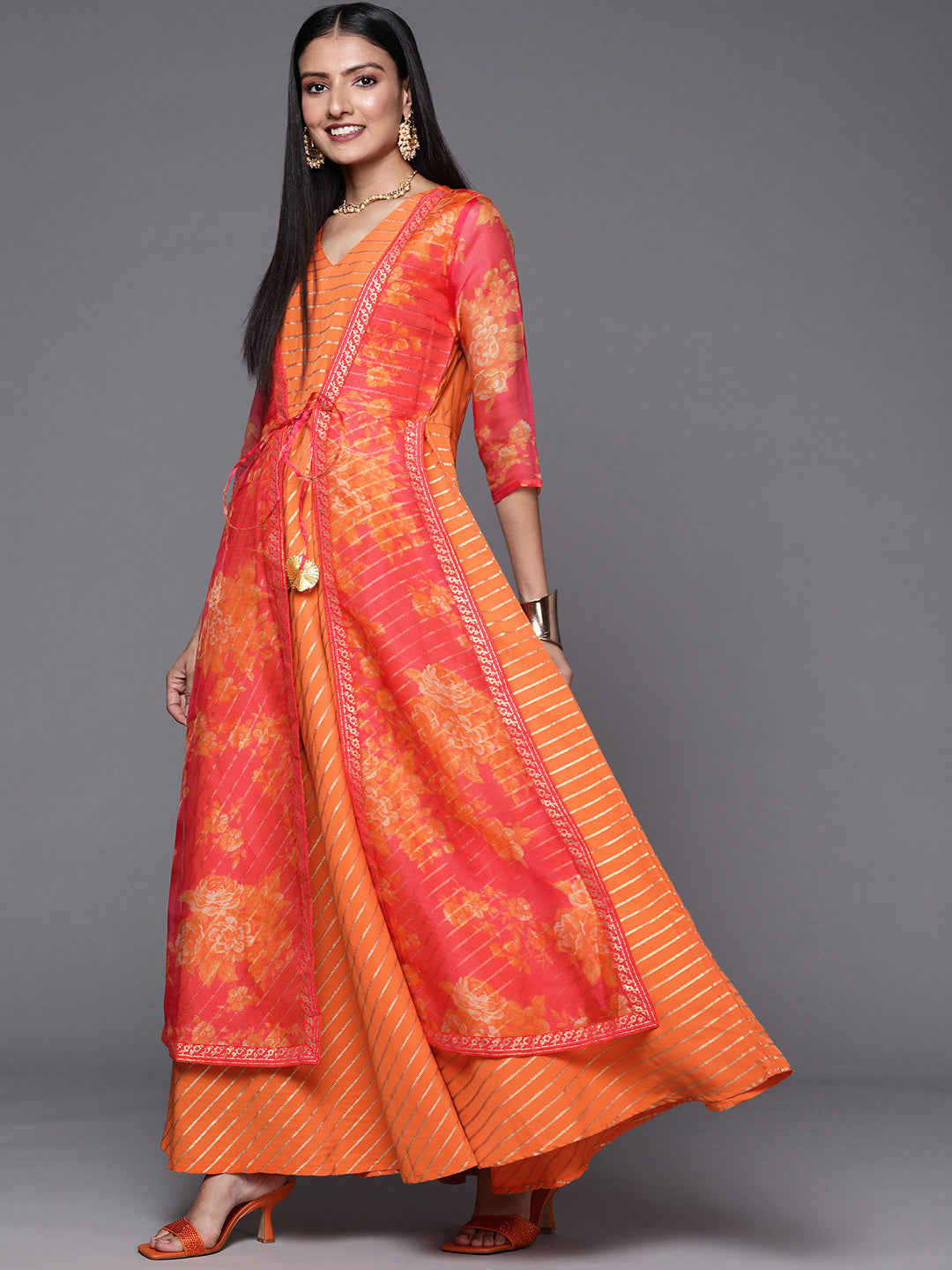 Orange Striped Layered Ethnic Maxi Dress-AH