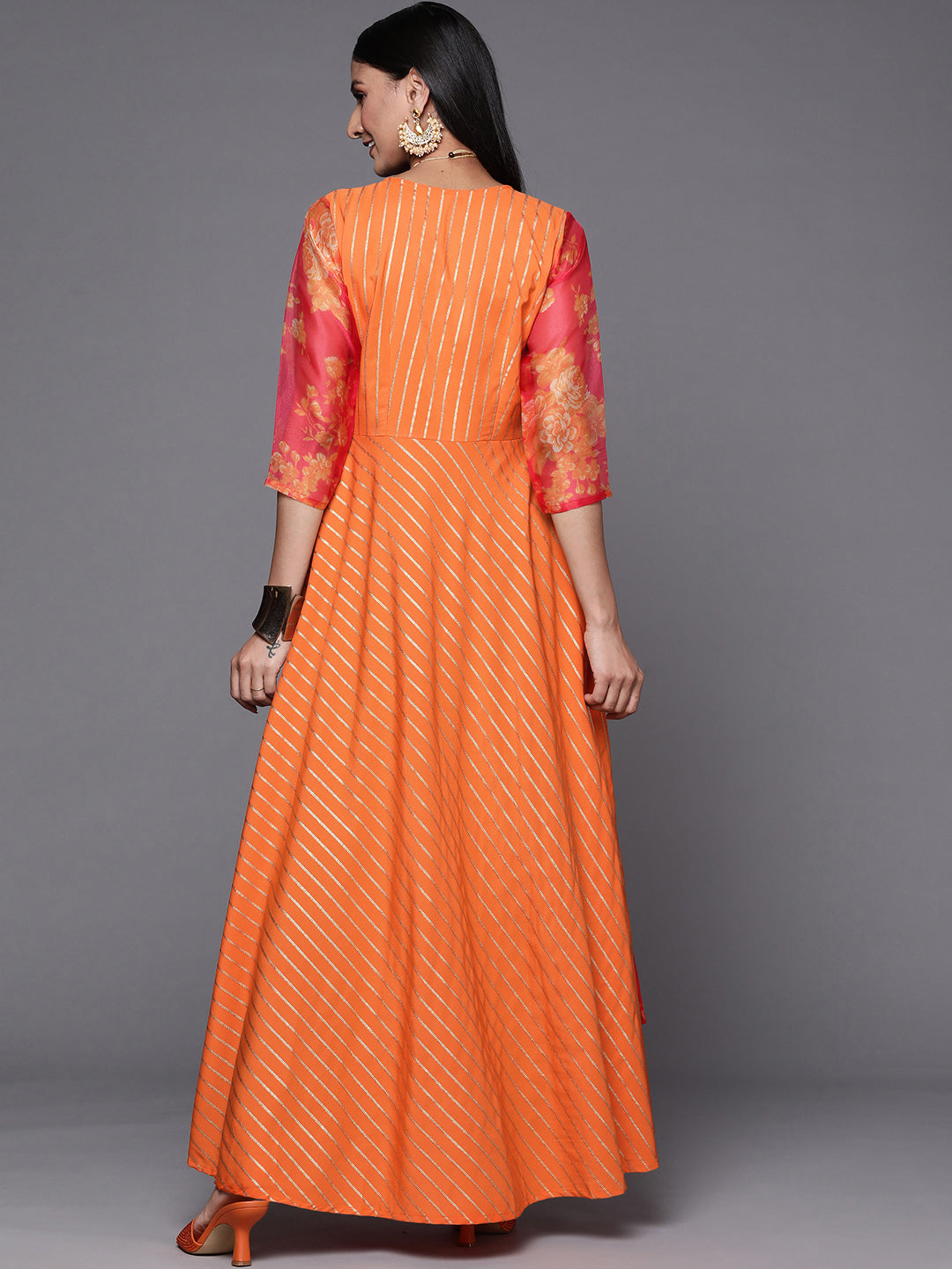 Orange Striped Layered Ethnic Maxi Dress-AH
