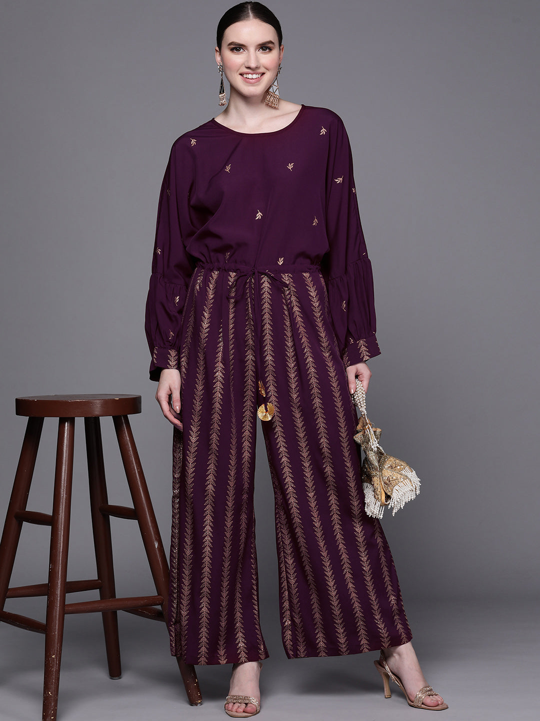 Purple & Golden Printed Jumpsuit