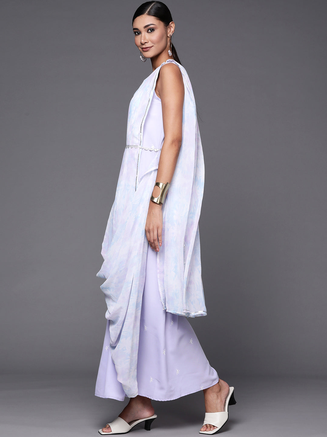 Blue & White Floral Print Ethnic Maxi Dress with Attached Dupatta