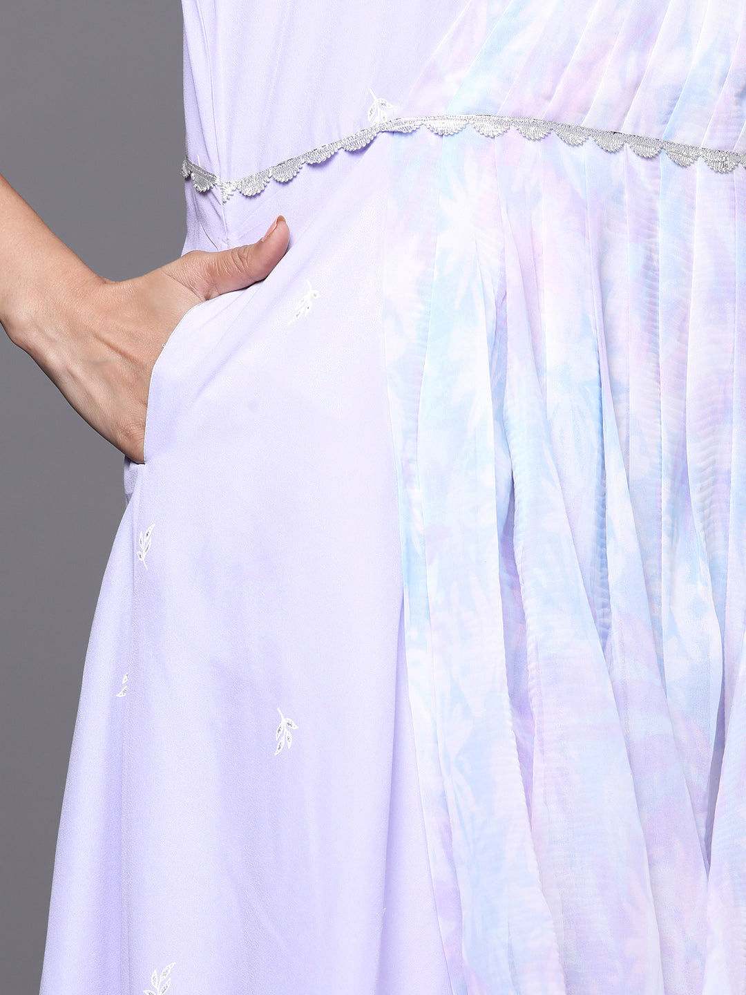 Blue & White Floral Print Ethnic Maxi Dress with Attached Dupatta