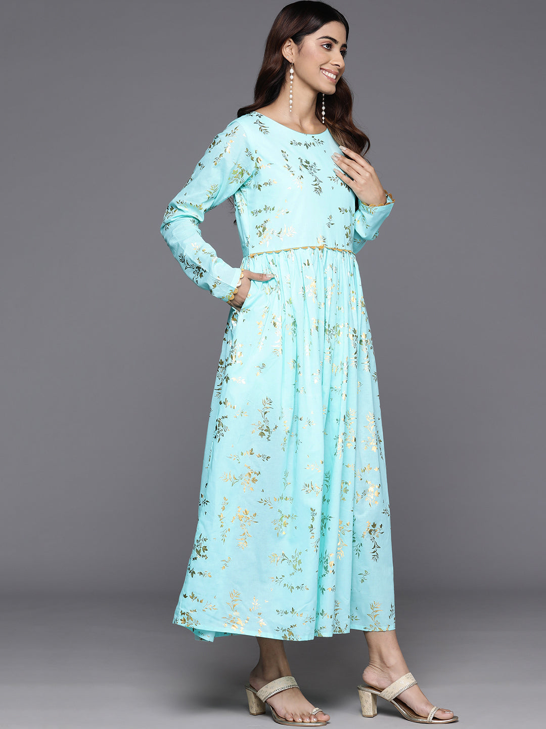 Floral Printed Pure Cotton A-Line Midi Ethnic Dress with Dupatta