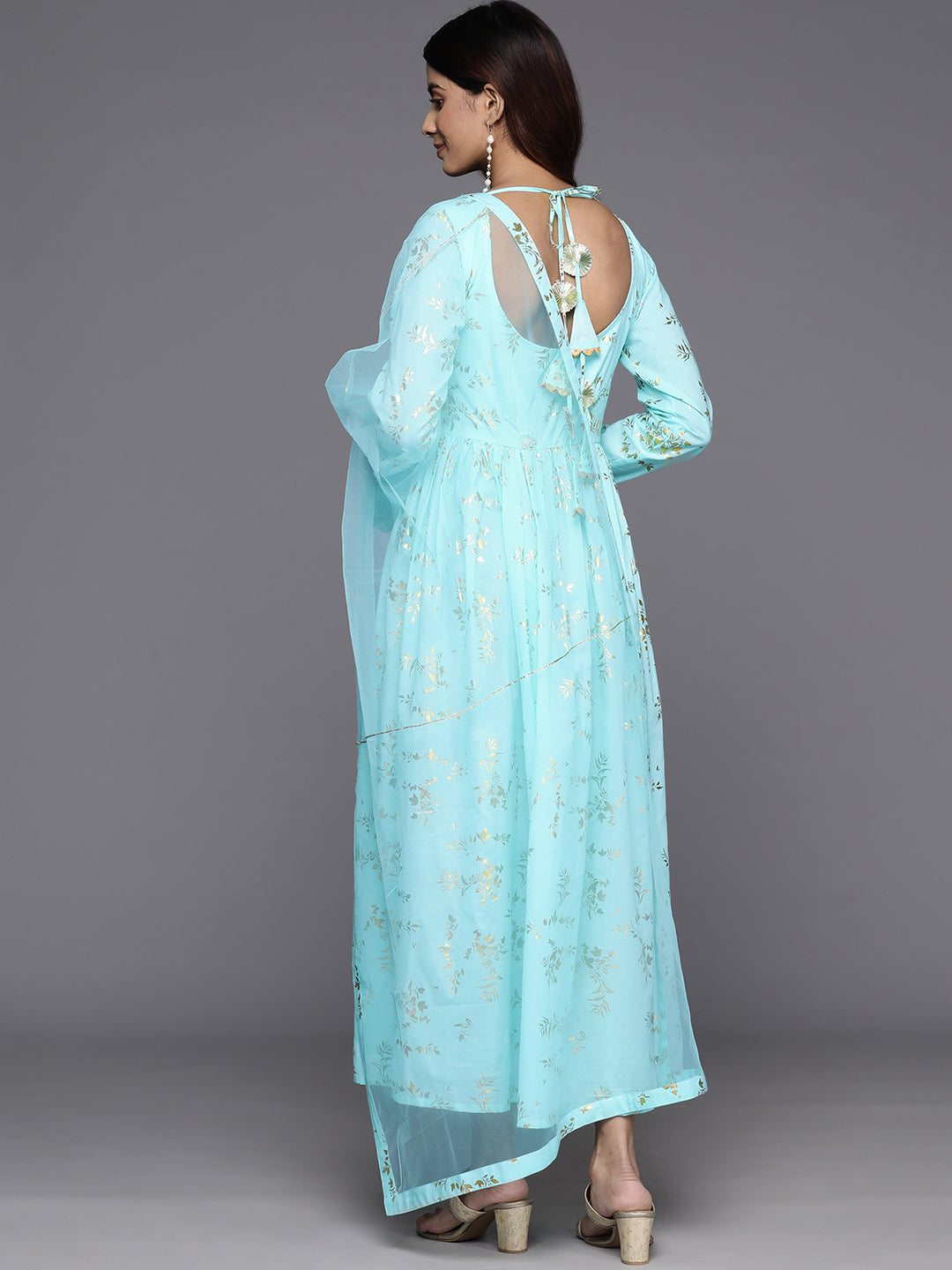 Floral Printed Pure Cotton A-Line Midi Ethnic Dress with Dupatta