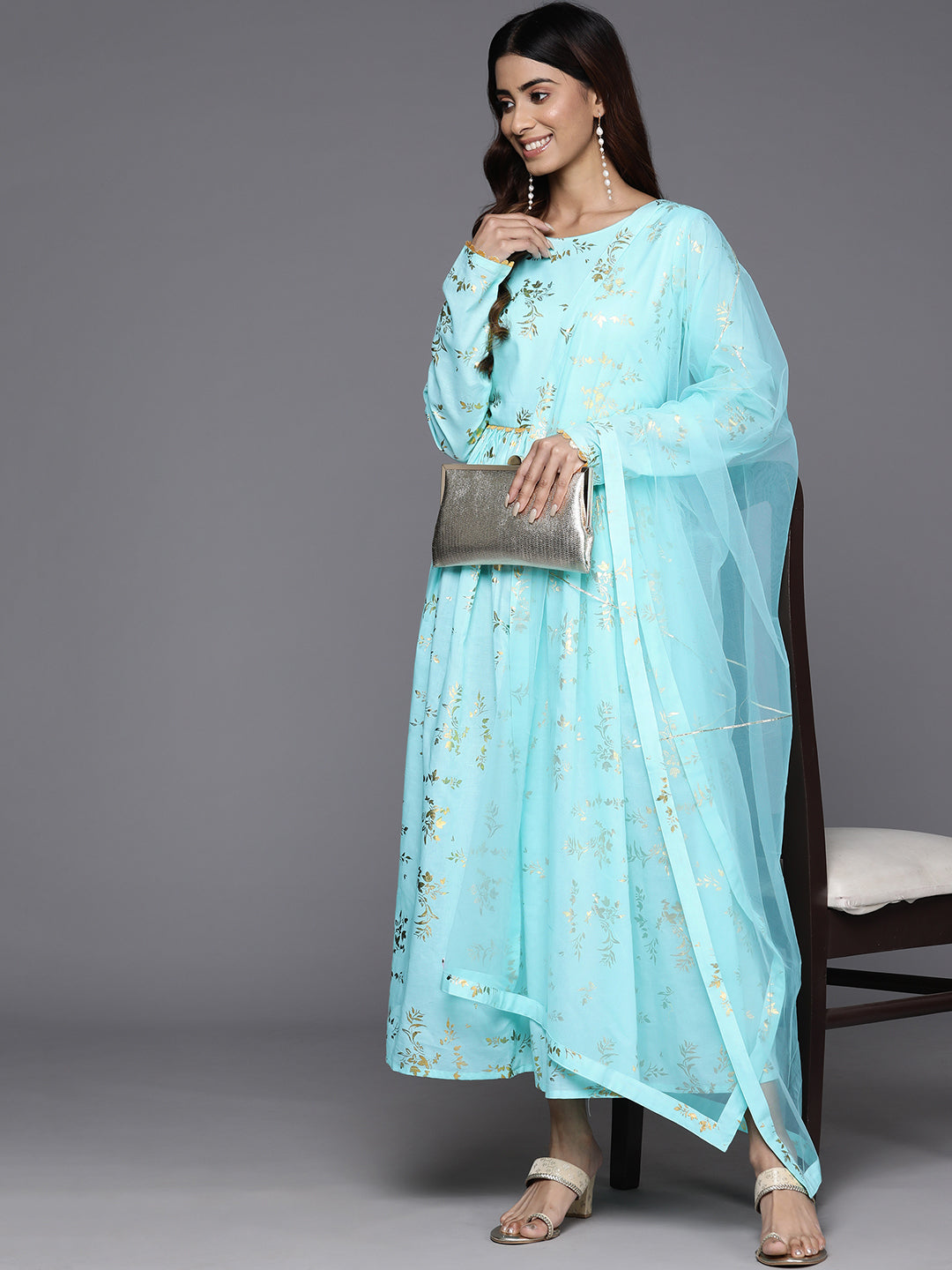 Floral Printed Pure Cotton A-Line Midi Ethnic Dress with Dupatta