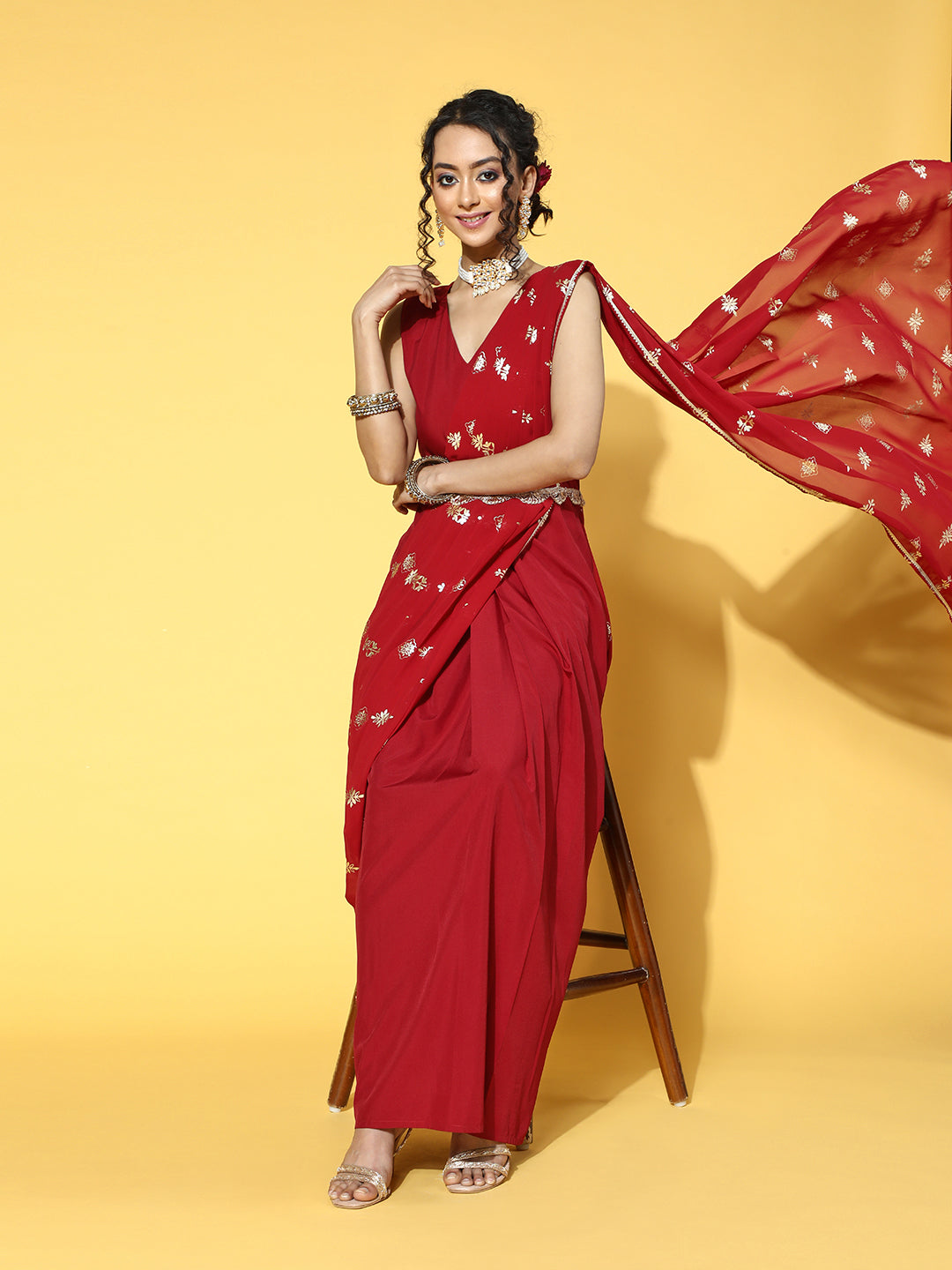 Maroon Crepe Georgette Printed Saree Dress With Printed Pallu