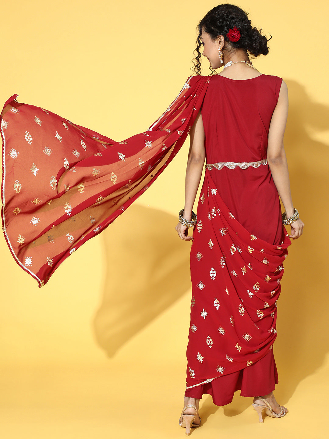 Maroon Crepe Georgette Printed Saree Dress With Printed Pallu