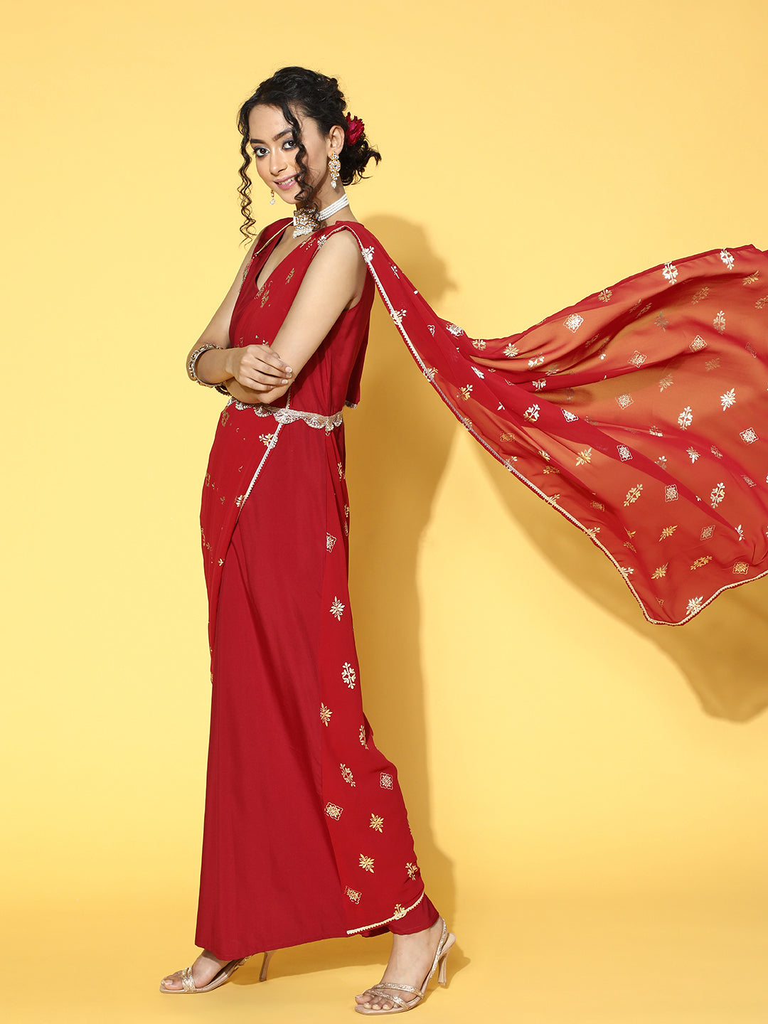 Maroon Crepe Georgette Printed Saree Dress With Printed Pallu